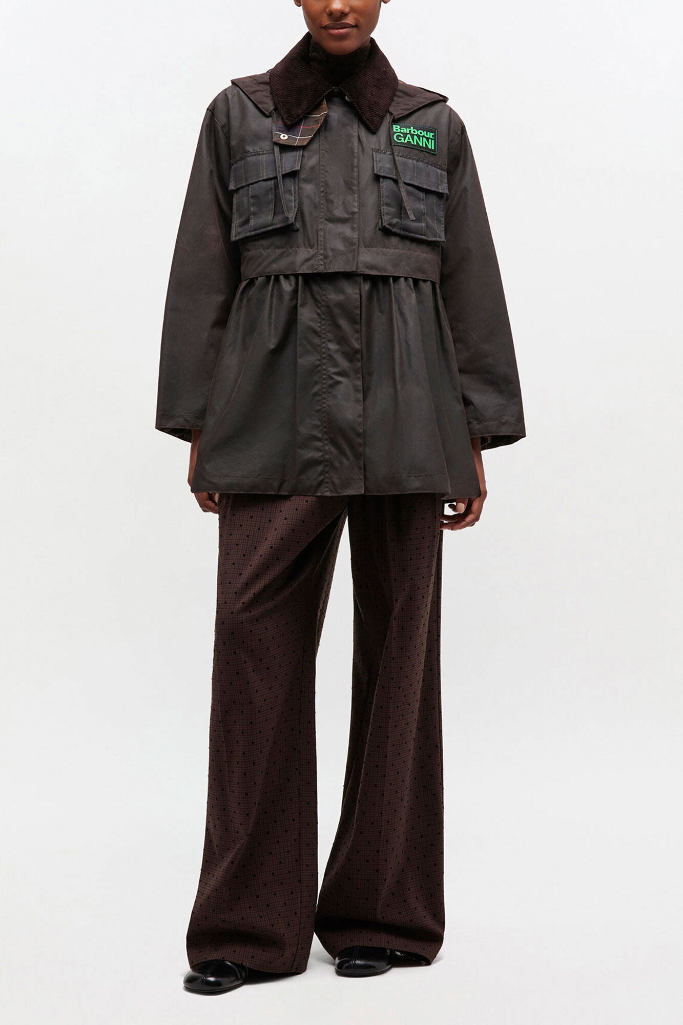 GANNI New Peplum Wax Jacket in Green