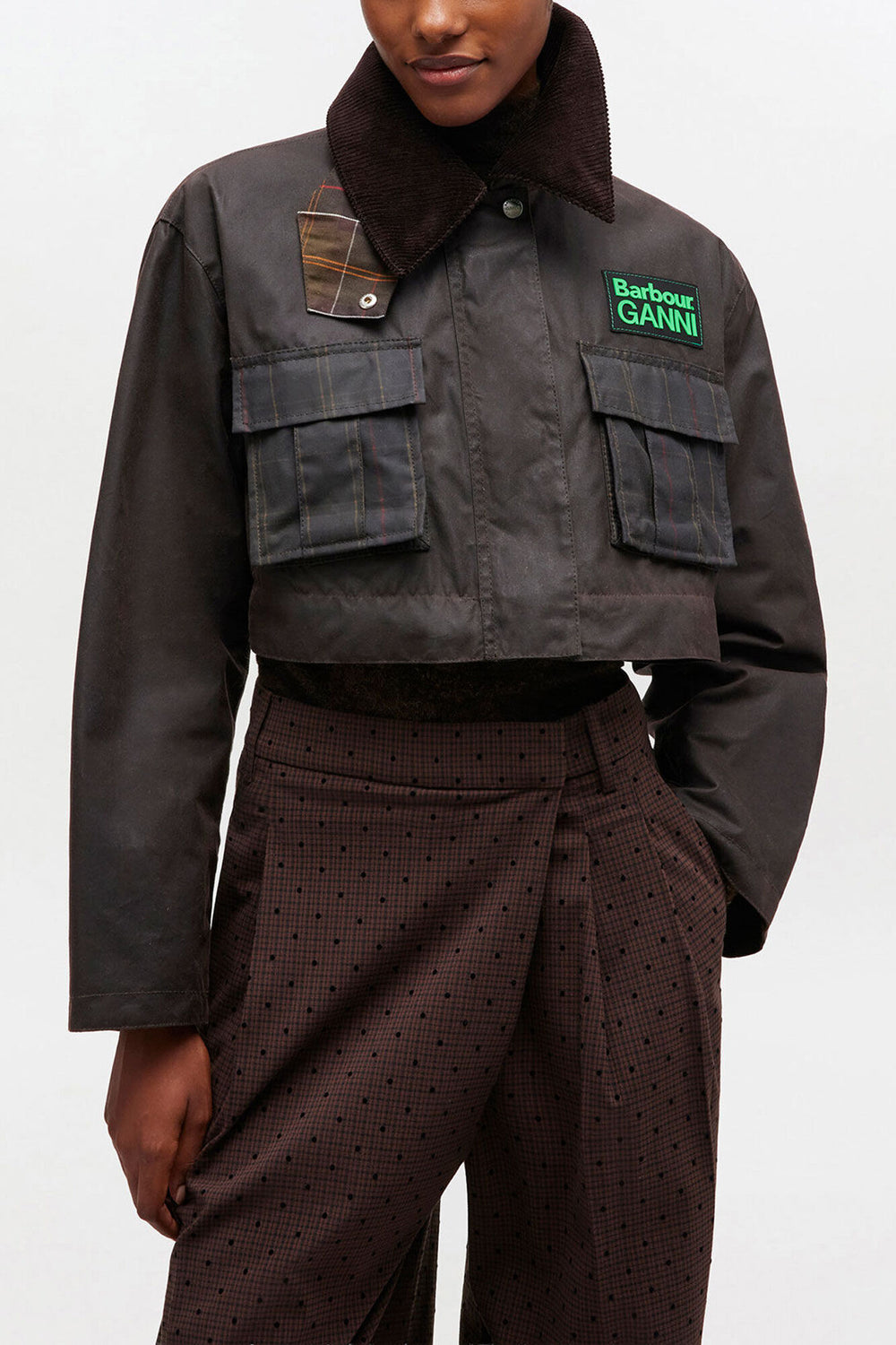 GANNI New Peplum Wax Jacket in Green