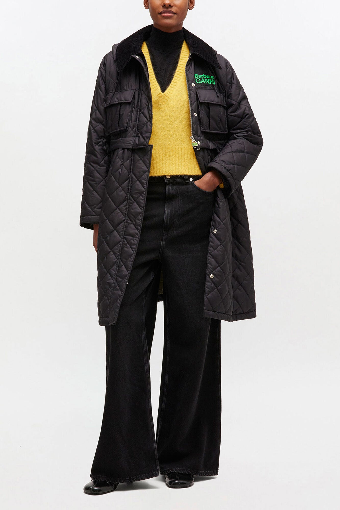 GANNI Online Quilted Long Coat in Black