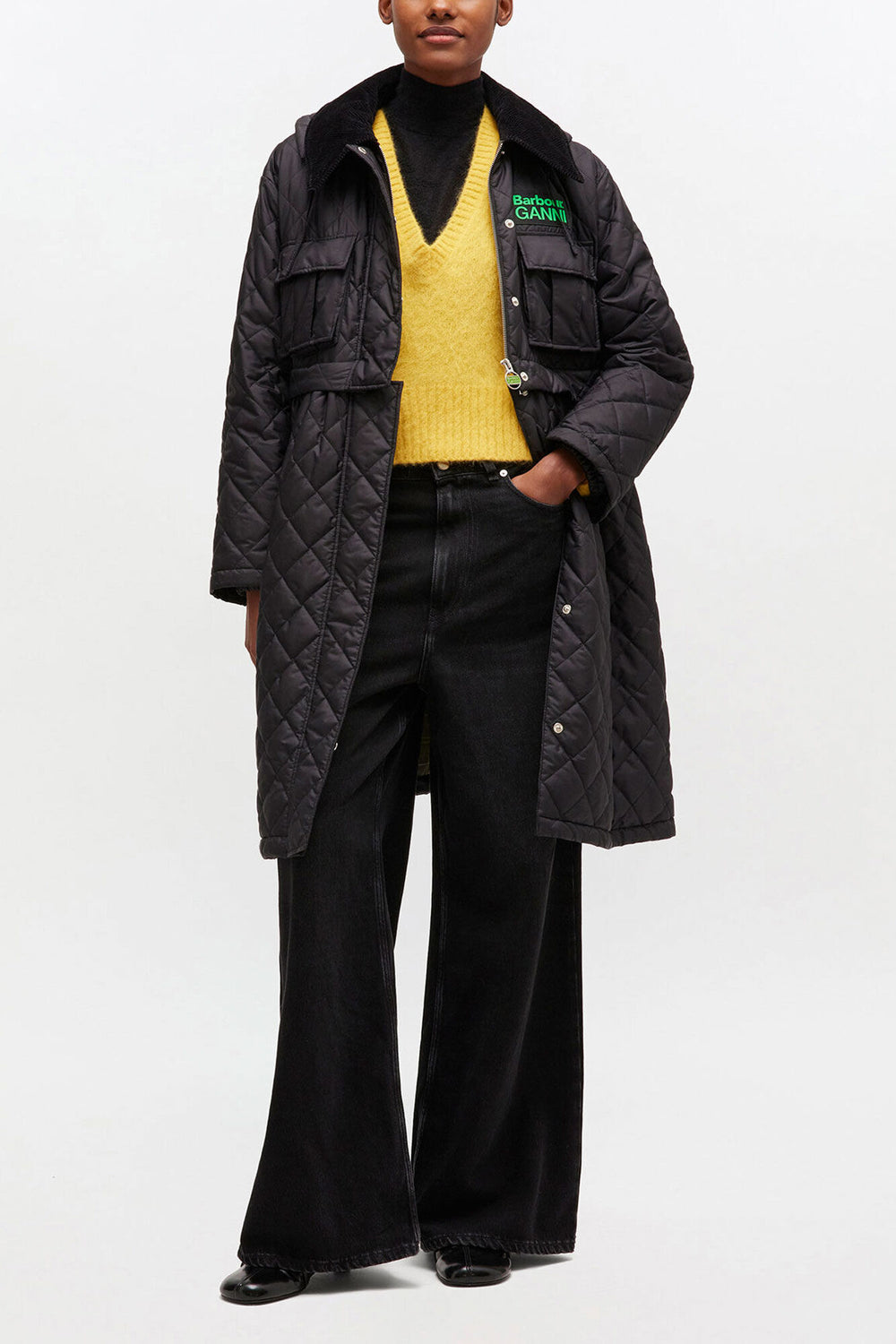 GANNI Online Quilted Long Coat in Black