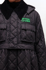 GANNI Online Quilted Long Coat in Black