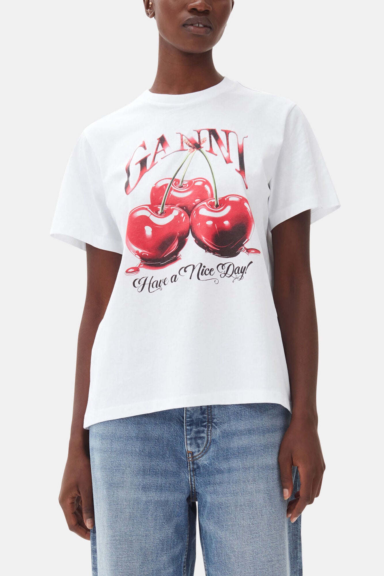 GANNI Online White Basic Jersey Cherry Relaxed T-shirt