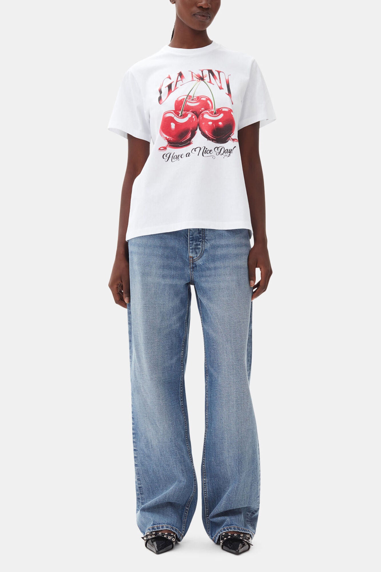 GANNI Online White Basic Jersey Cherry Relaxed T-shirt