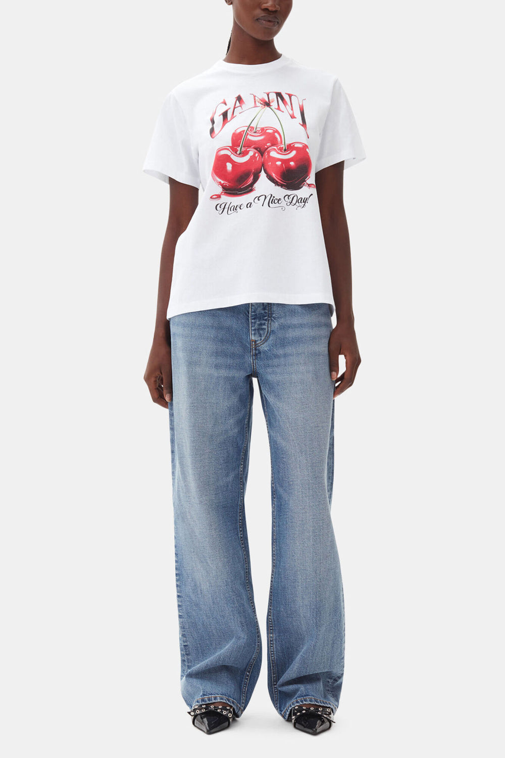 GANNI Online White Basic Jersey Cherry Relaxed T-shirt