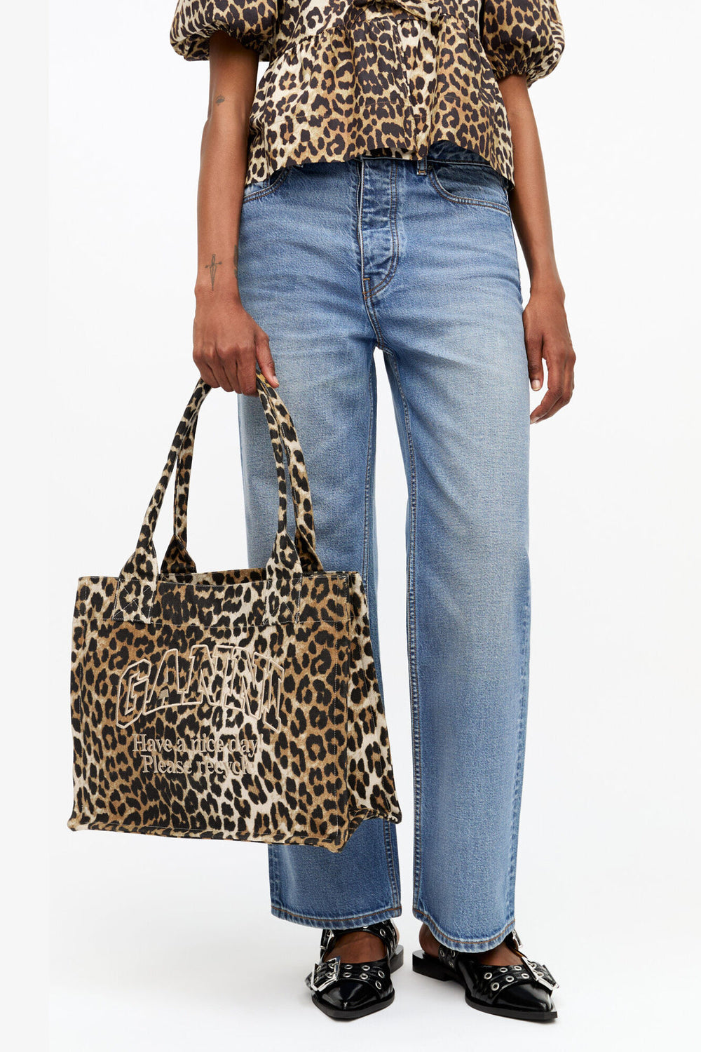 GANNI Sale Leopard Leopard Large Canvas Tote Bag