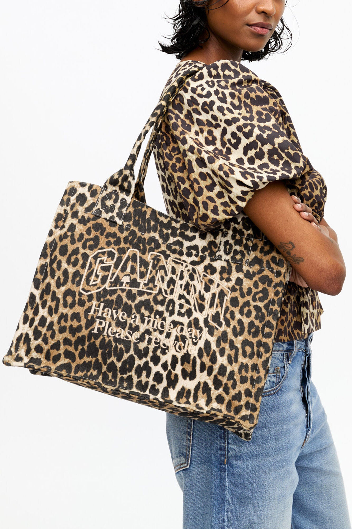 GANNI Sale Leopard Leopard Large Canvas Tote Bag
