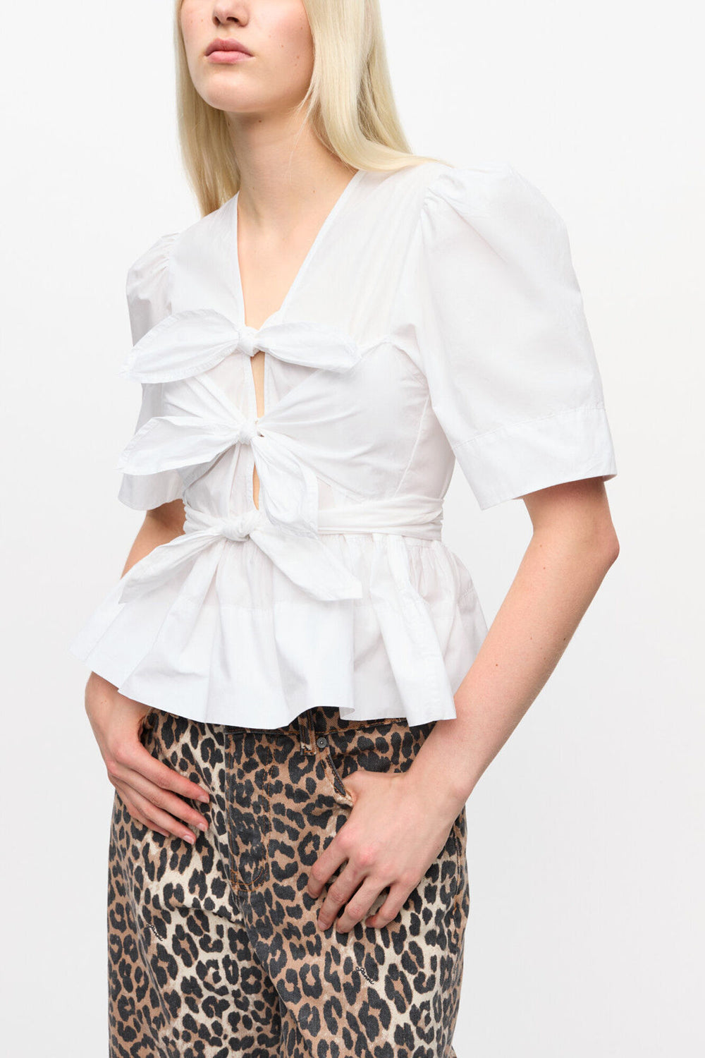 GANNI Hot Sale White Washed Stretch Cotton Tie Strap Blouse