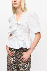 GANNI Hot Sale White Washed Stretch Cotton Tie Strap Blouse