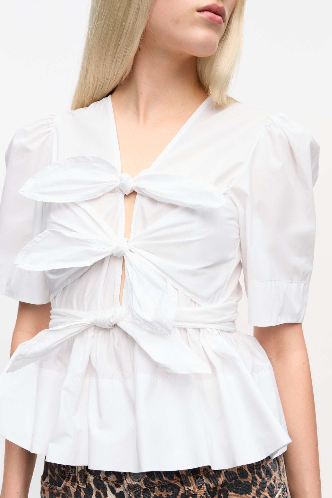 GANNI Hot Sale White Washed Stretch Cotton Tie Strap Blouse
