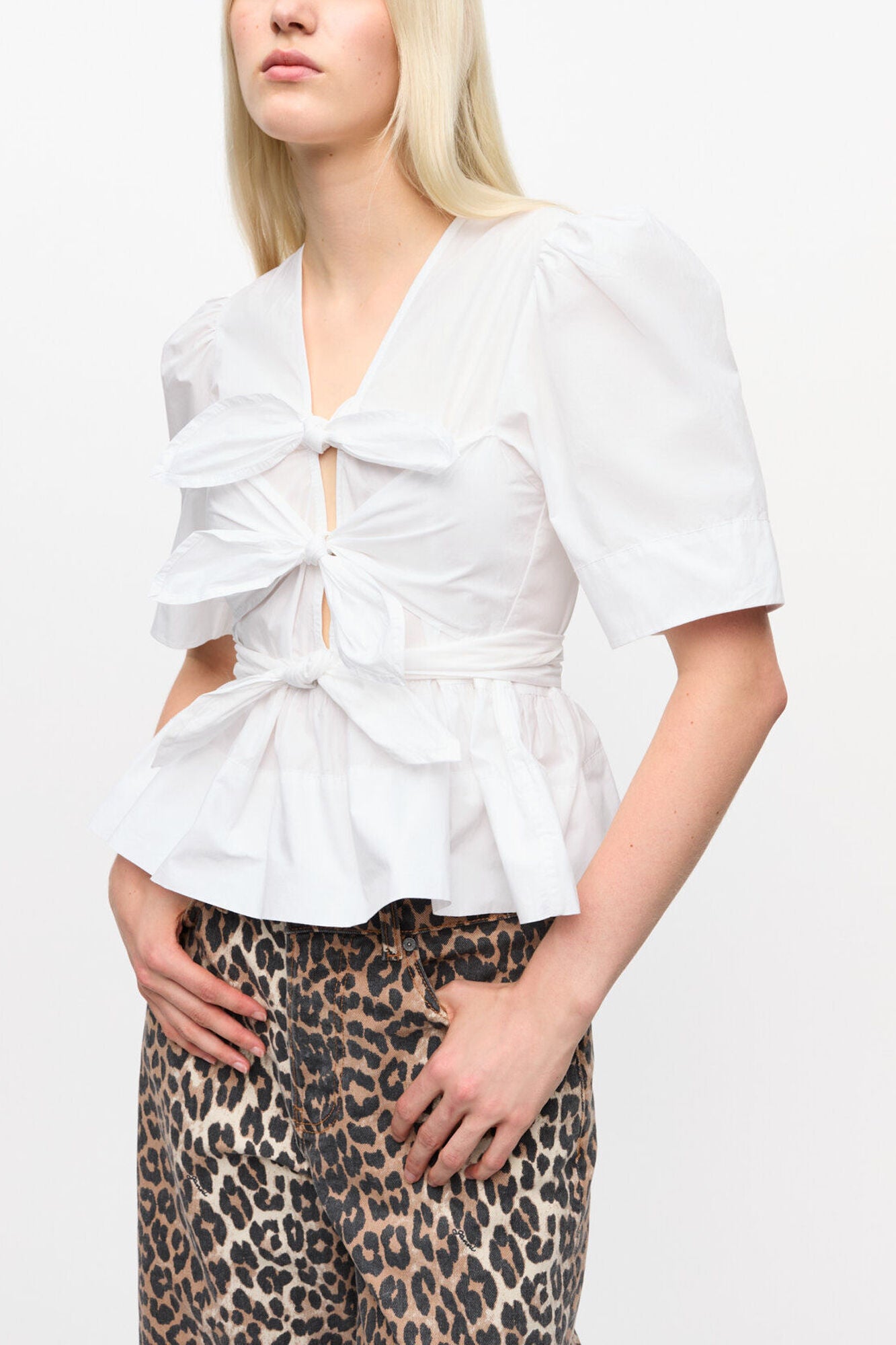 GANNI Hot Sale White Washed Stretch Cotton Tie Strap Blouse