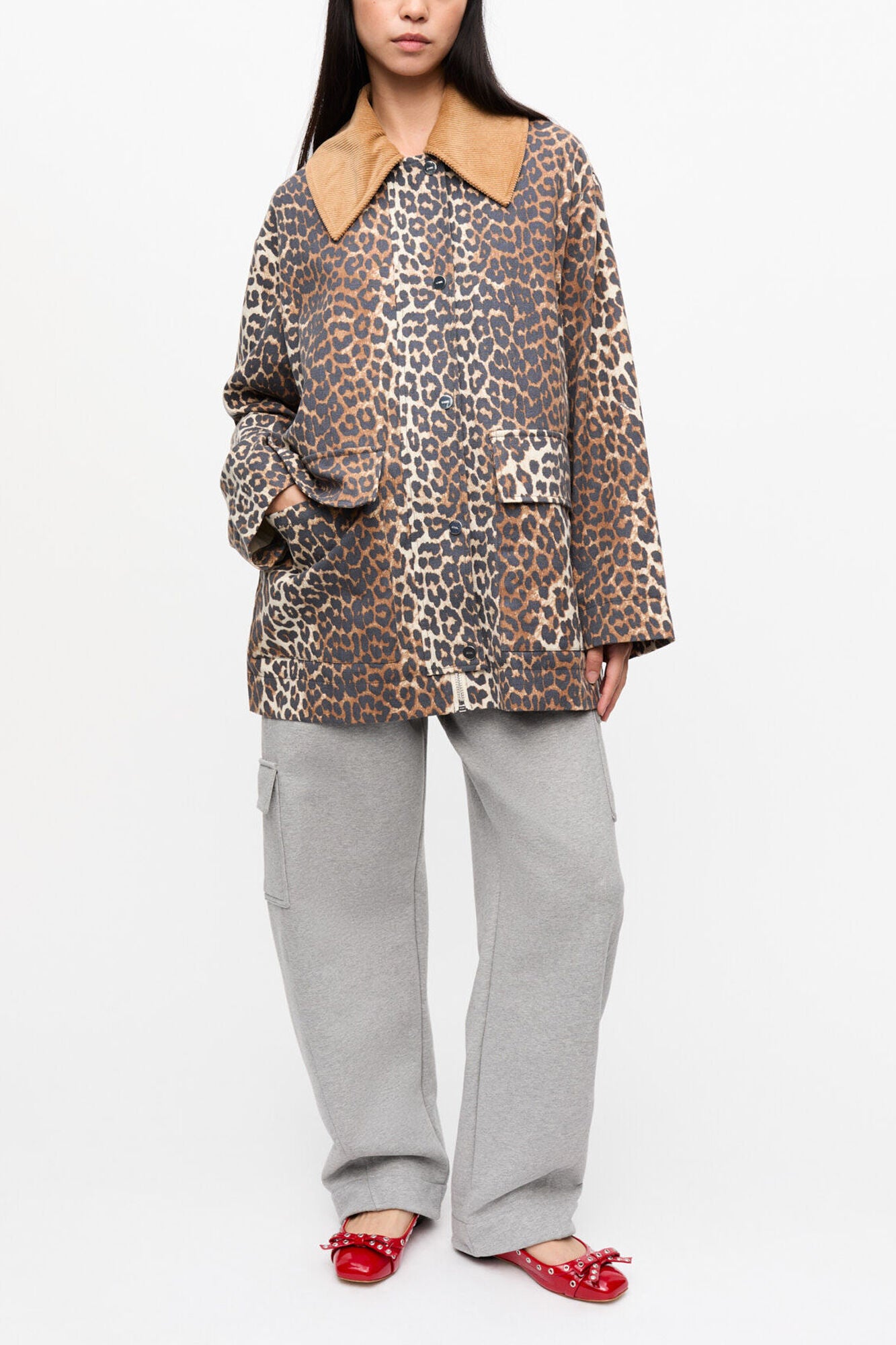 GANNI Online Leopard Printed Canvas Midi Jacket