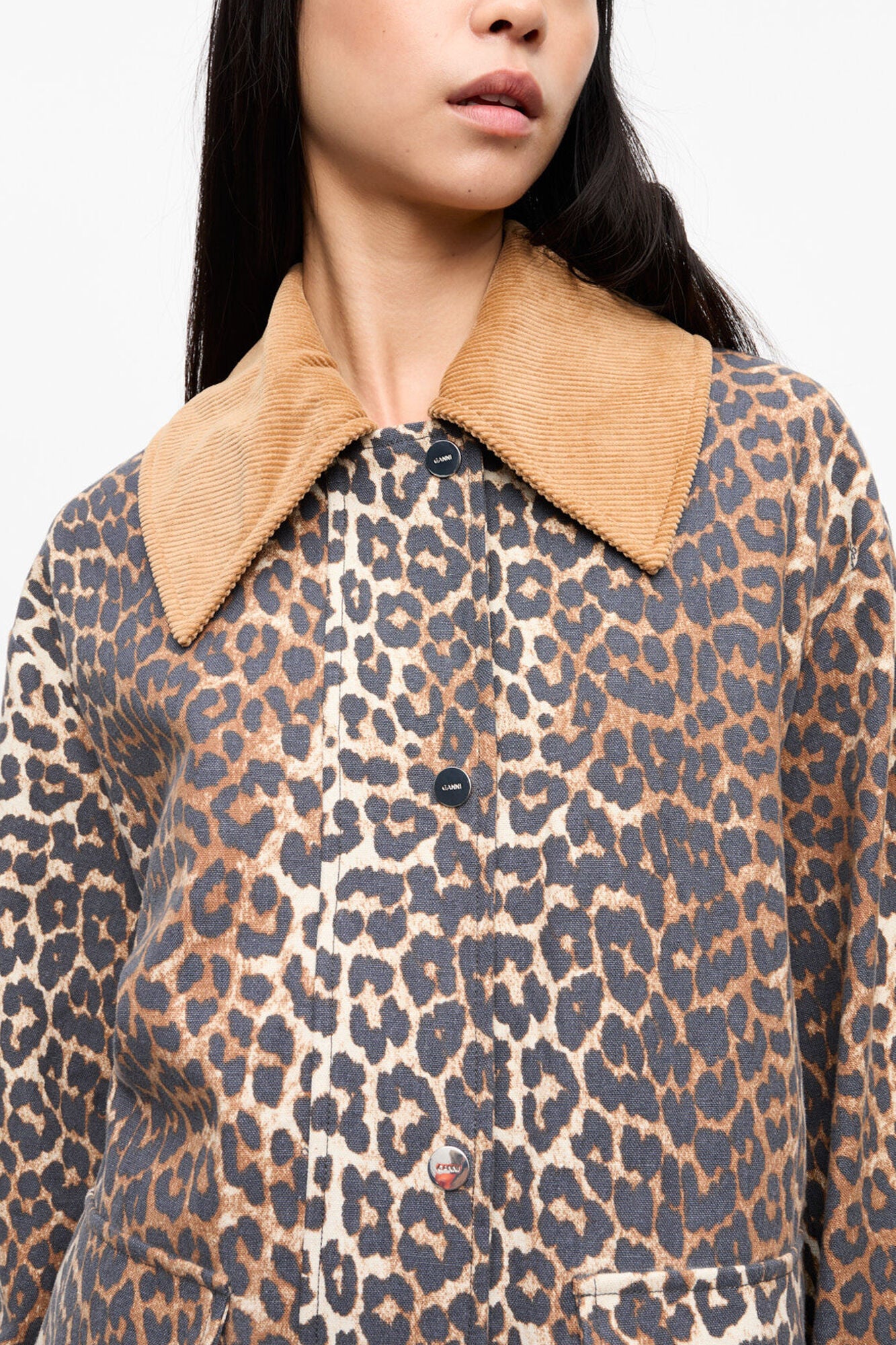 GANNI Online Leopard Printed Canvas Midi Jacket