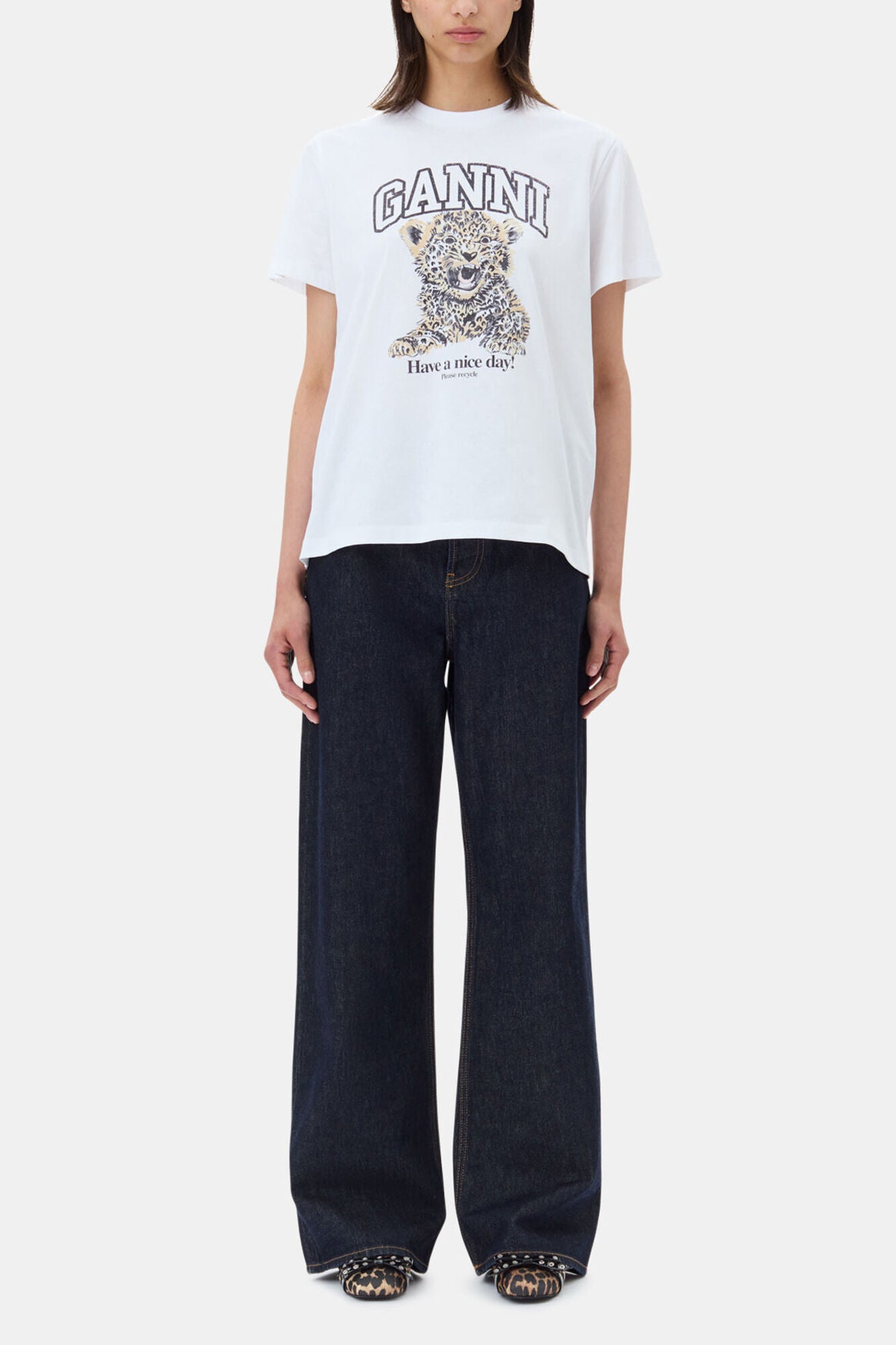 GANNI Sale White Basic Jersey Leopard Relaxed T-shirt