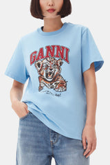 GANNI Discount Blue Relaxed Jersey Tiger T-shirt