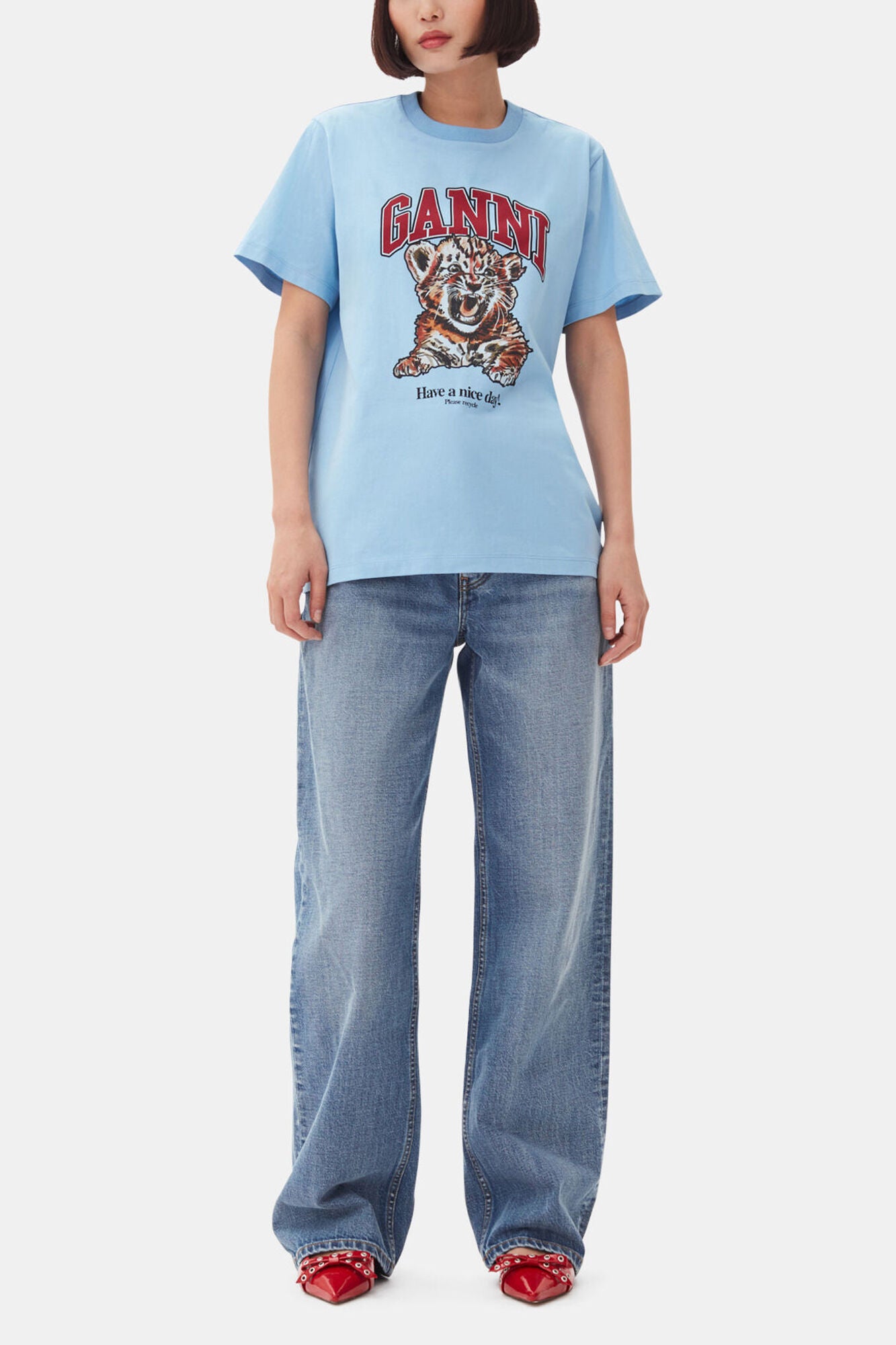 GANNI Discount Blue Relaxed Jersey Tiger T-shirt