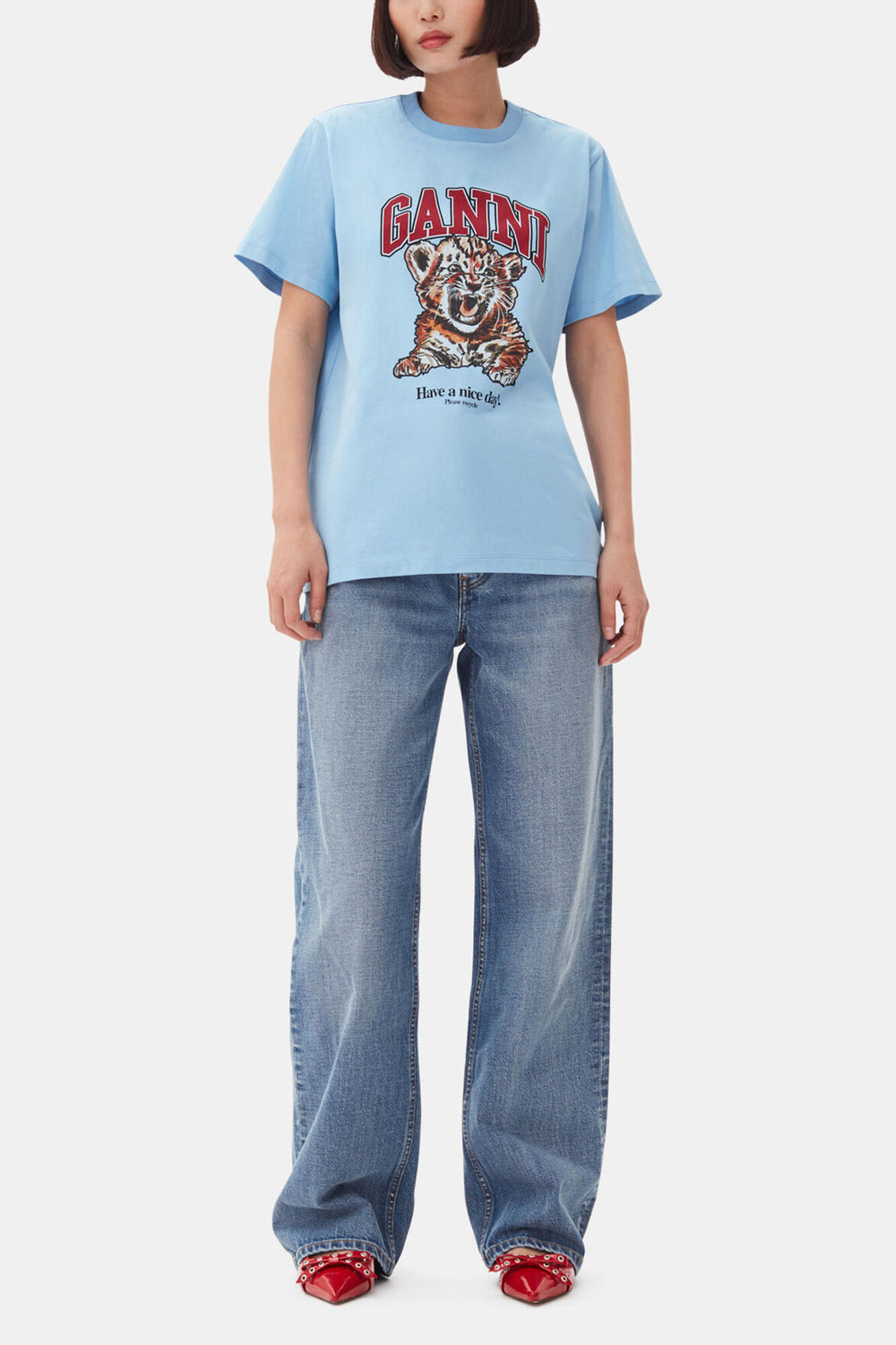 GANNI Discount Blue Relaxed Jersey Tiger T-shirt