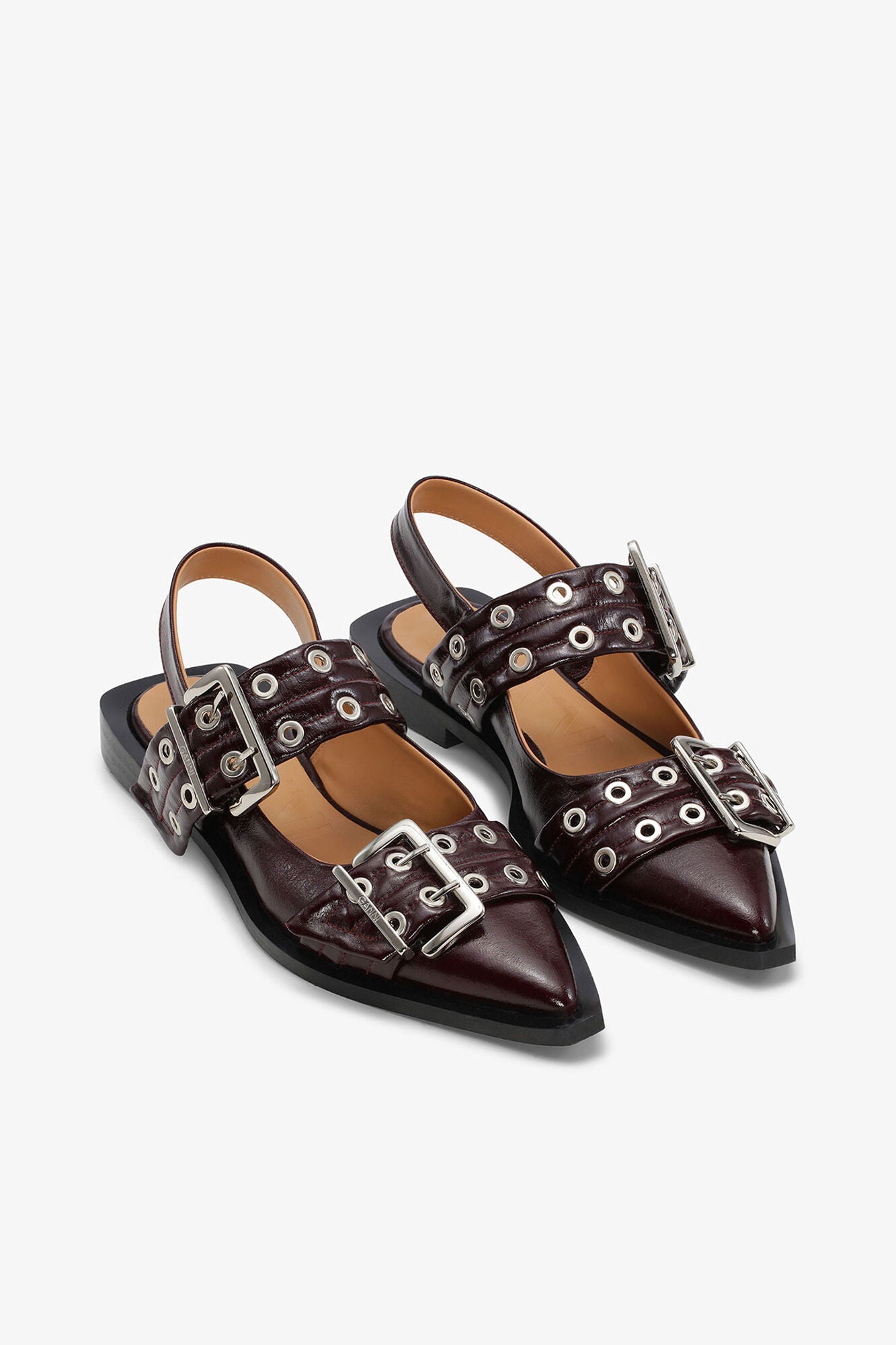 GANNI Online Feminine Buckle Ballerinas in Burgundy