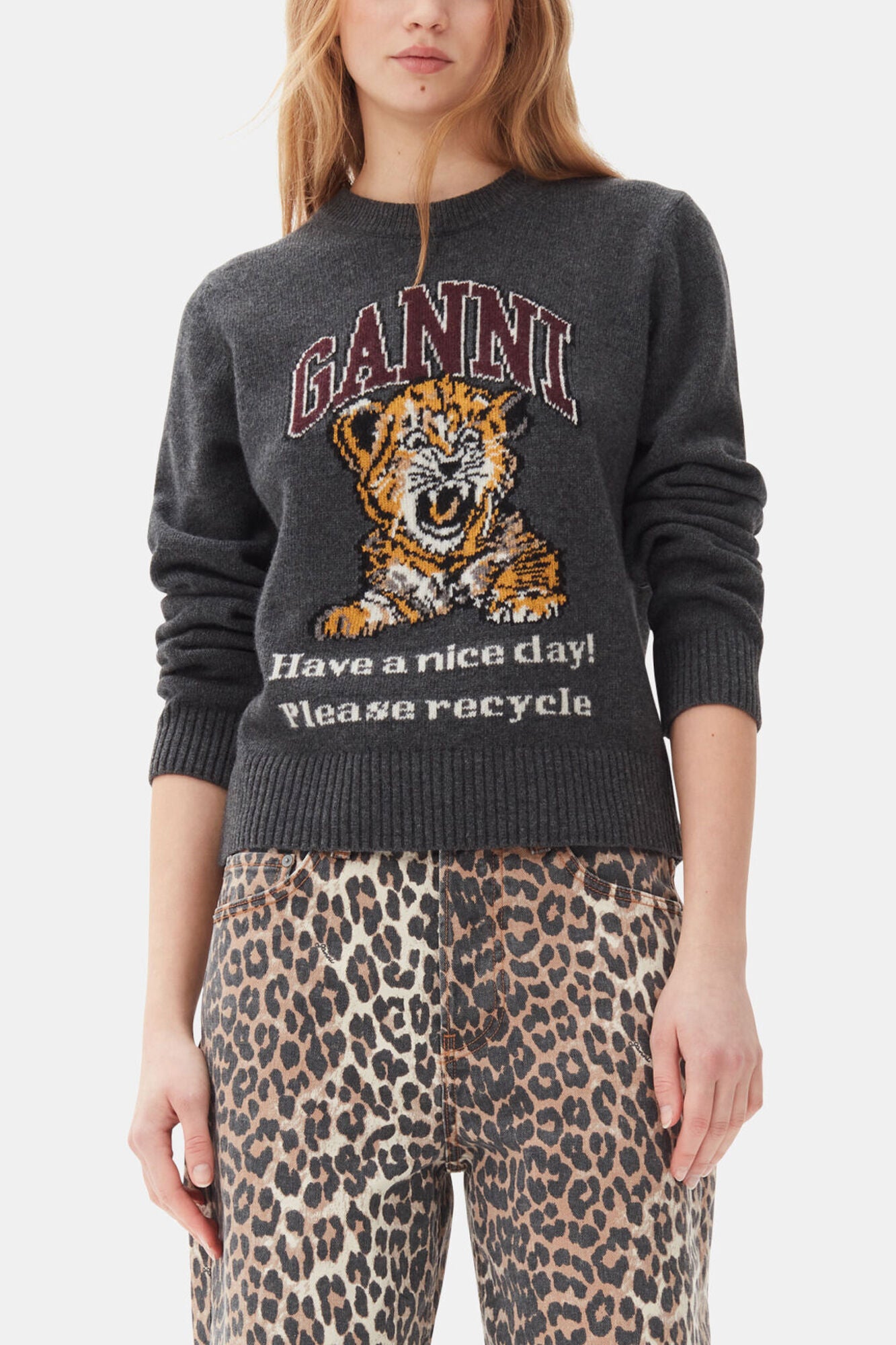 GANNI Hot Sale Dark Grey Graphic Tiger Sweater