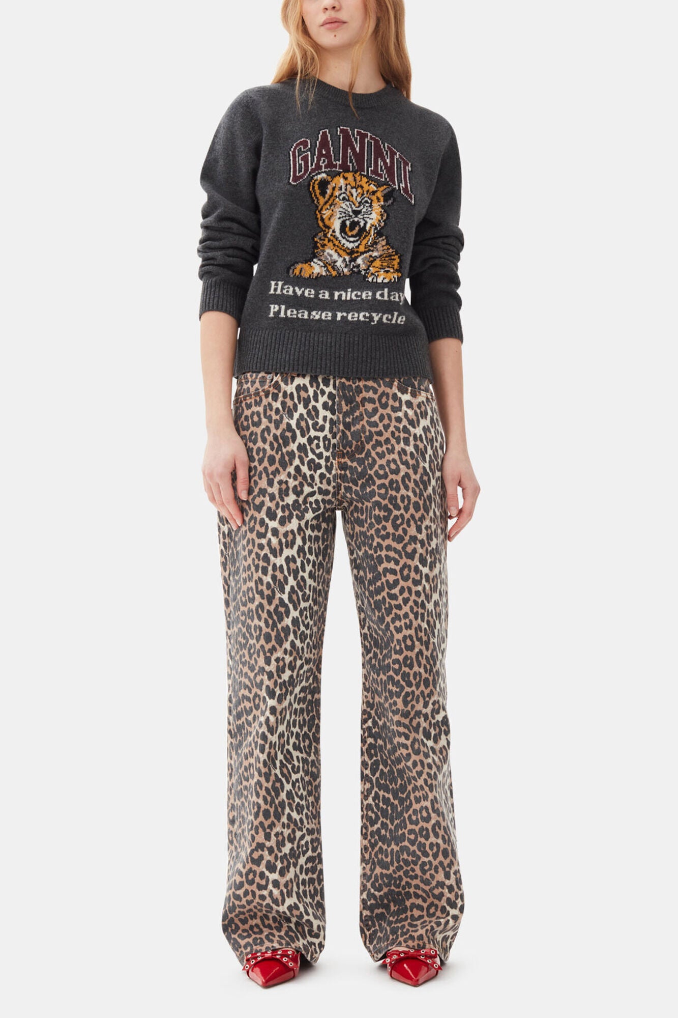GANNI Hot Sale Dark Grey Graphic Tiger Sweater
