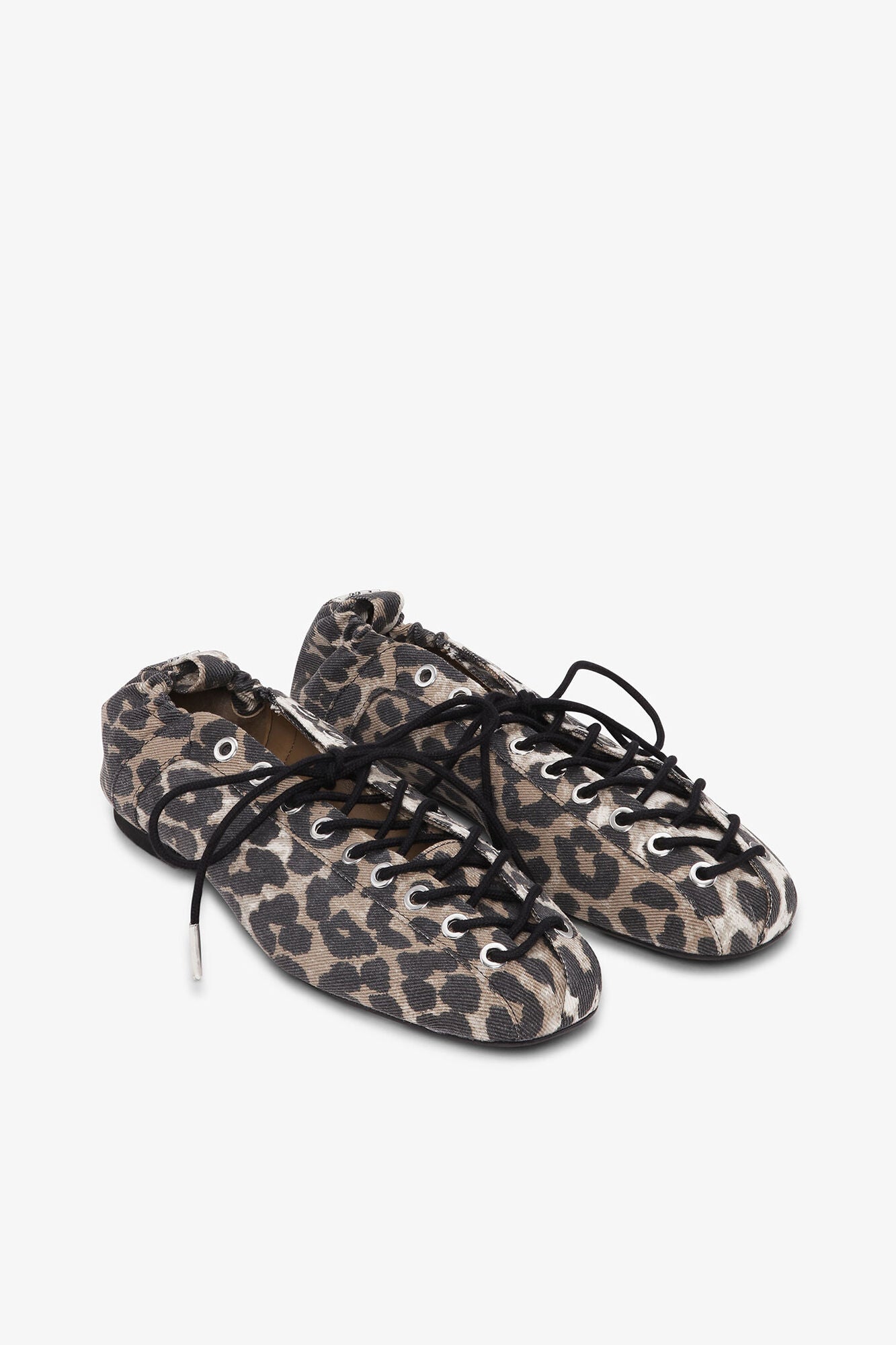 GANNI Discount Lace-Up Ballerinas in Leopard Printed Denim