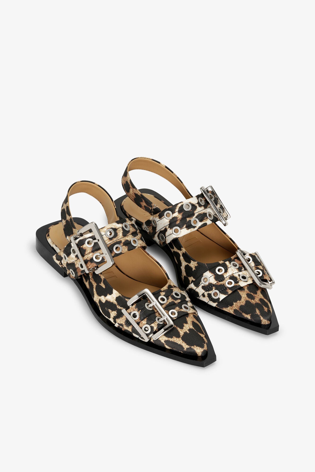GANNI New Feminine Buckle Ballerinas in Leopard Satin