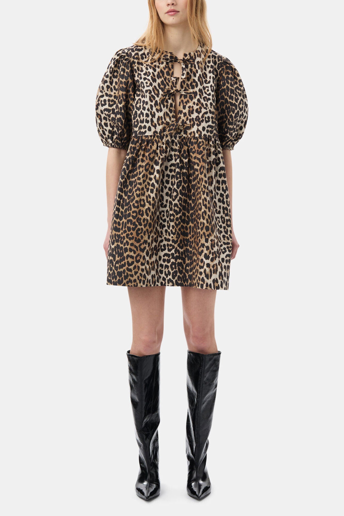 GANNI For Sale Leopard Printed Cotton Tie String Mini Dress