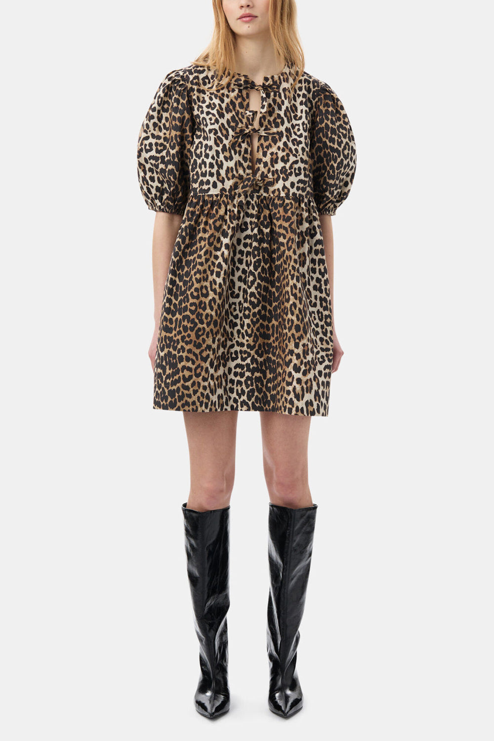 GANNI For Sale Leopard Printed Cotton Tie String Mini Dress