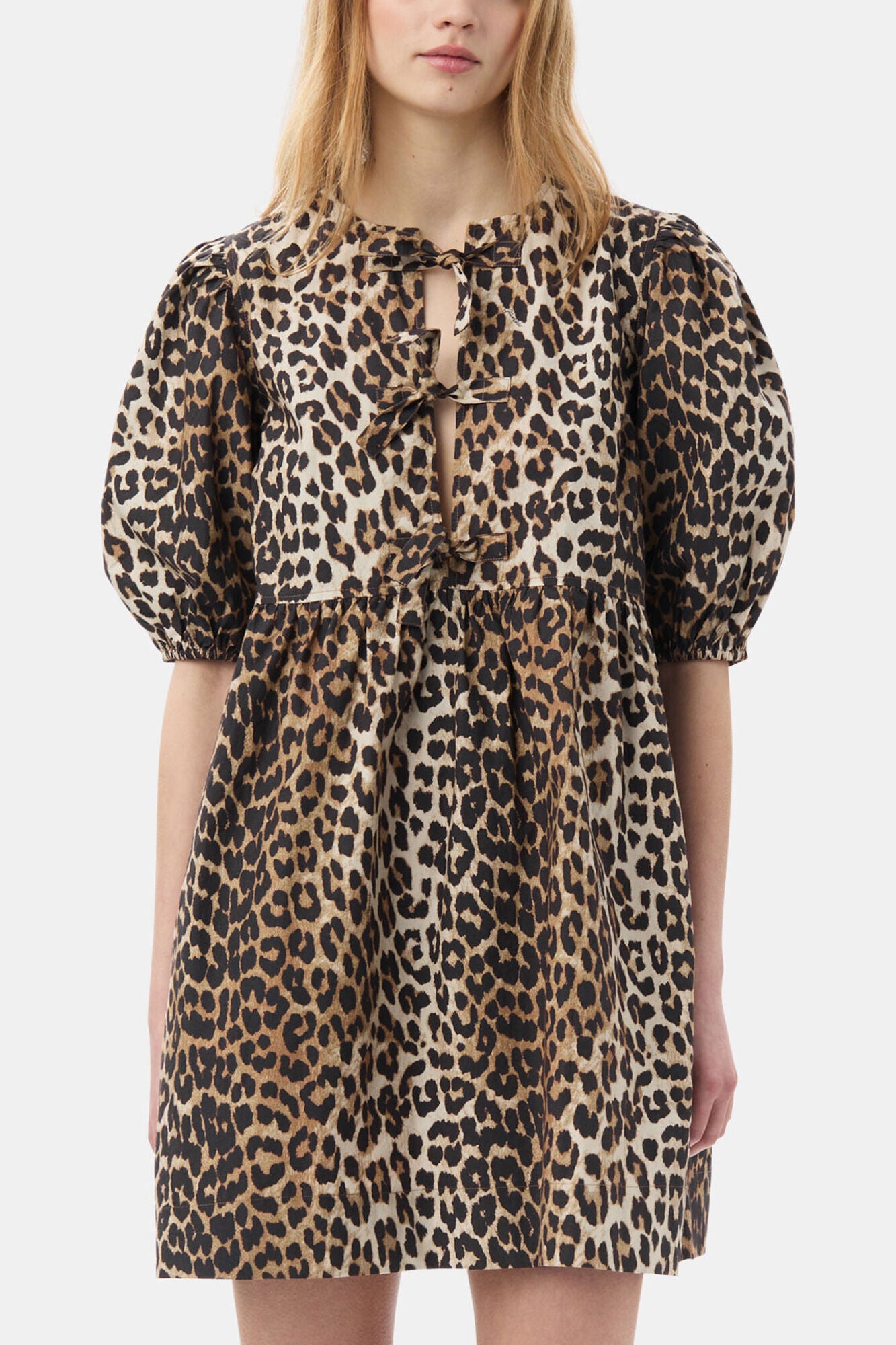 GANNI For Sale Leopard Printed Cotton Tie String Mini Dress