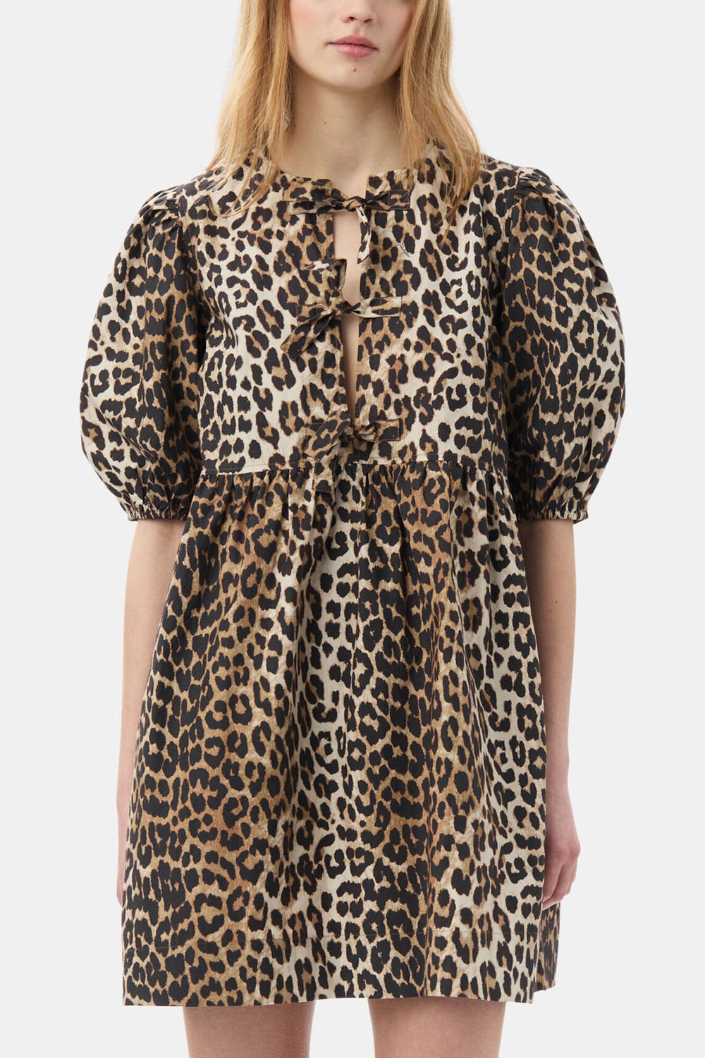 GANNI For Sale Leopard Printed Cotton Tie String Mini Dress