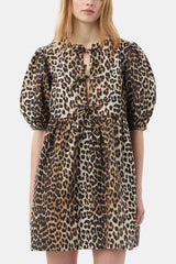 GANNI For Sale Leopard Printed Cotton Tie String Mini Dress