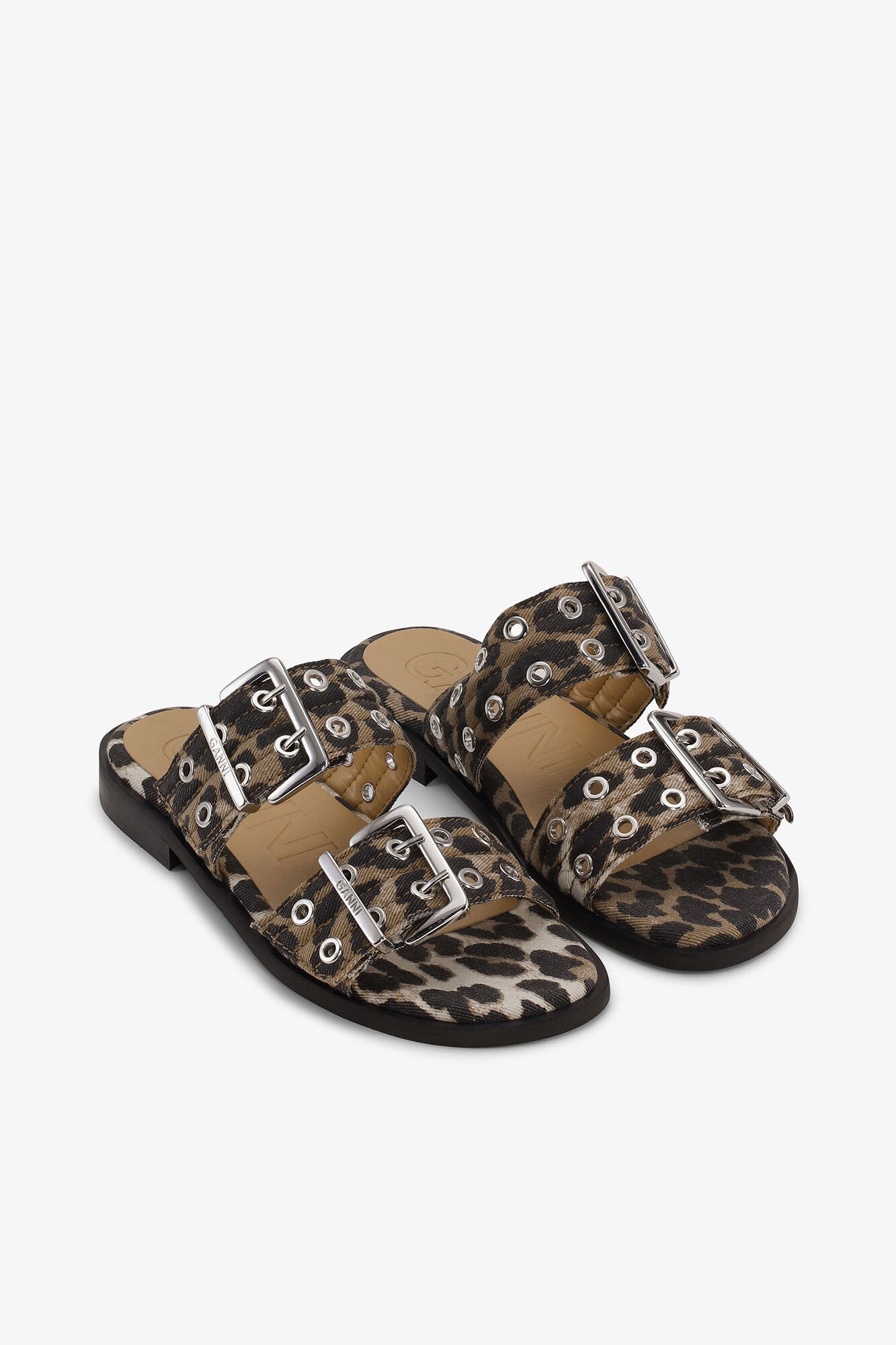 GANNI us Feminine Buckle Two-Strap Sandals in Leopard Denim