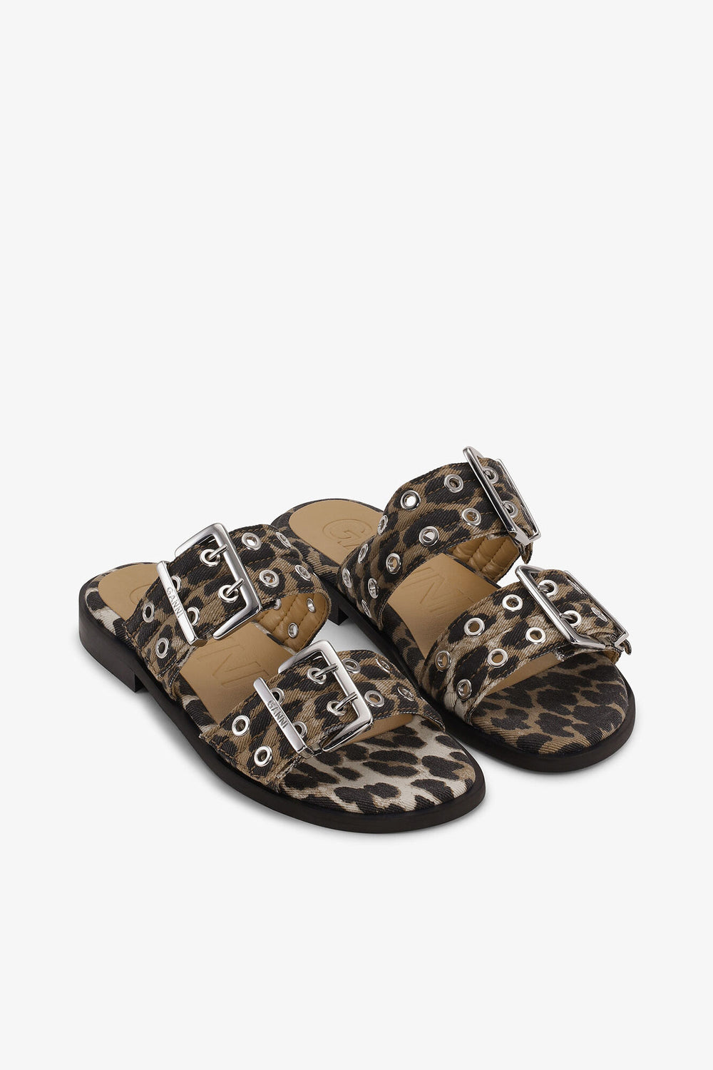 GANNI us Feminine Buckle Two-Strap Sandals in Leopard Denim
