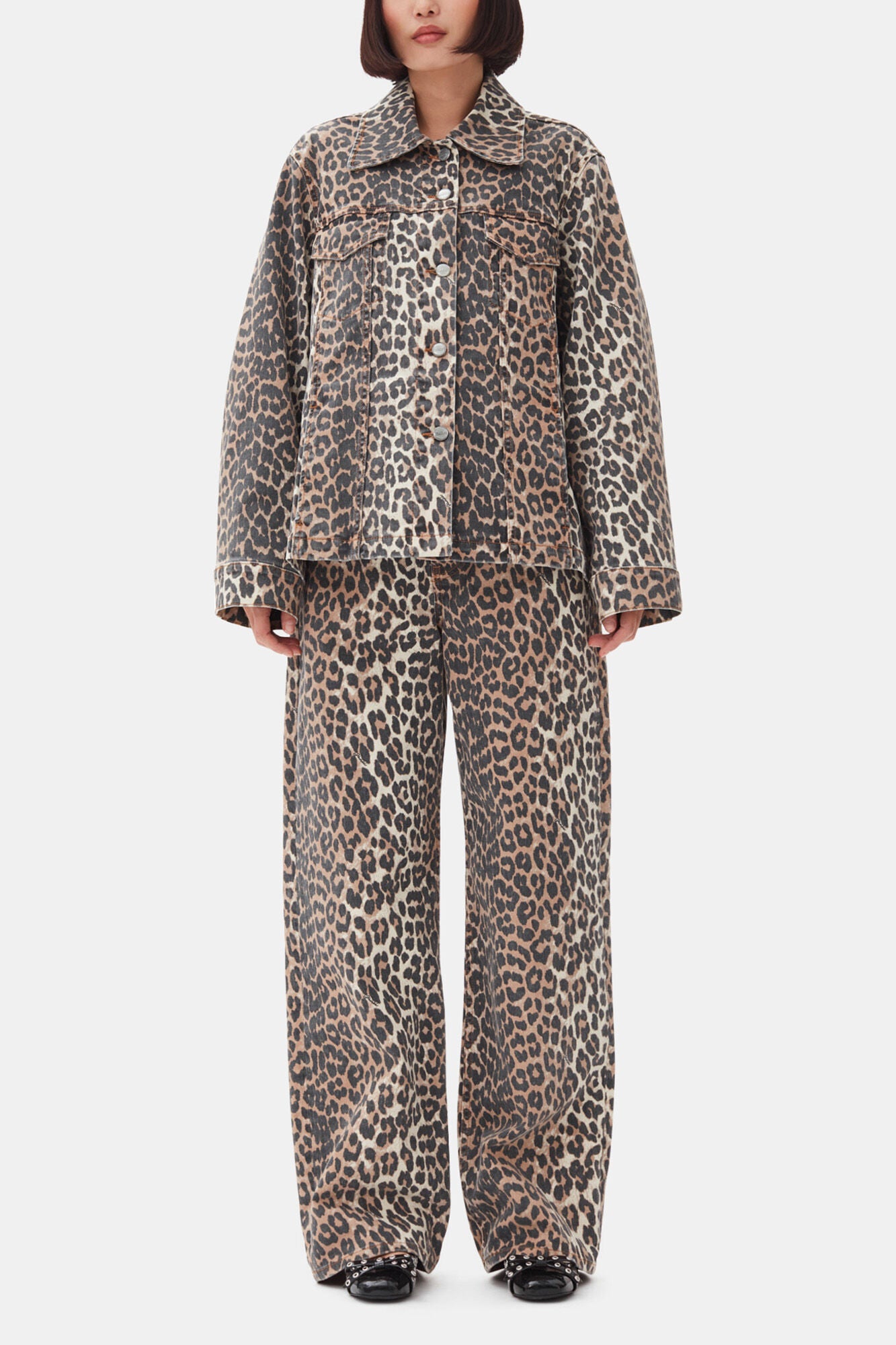 GANNI Outlet Leopard Denim Jacket