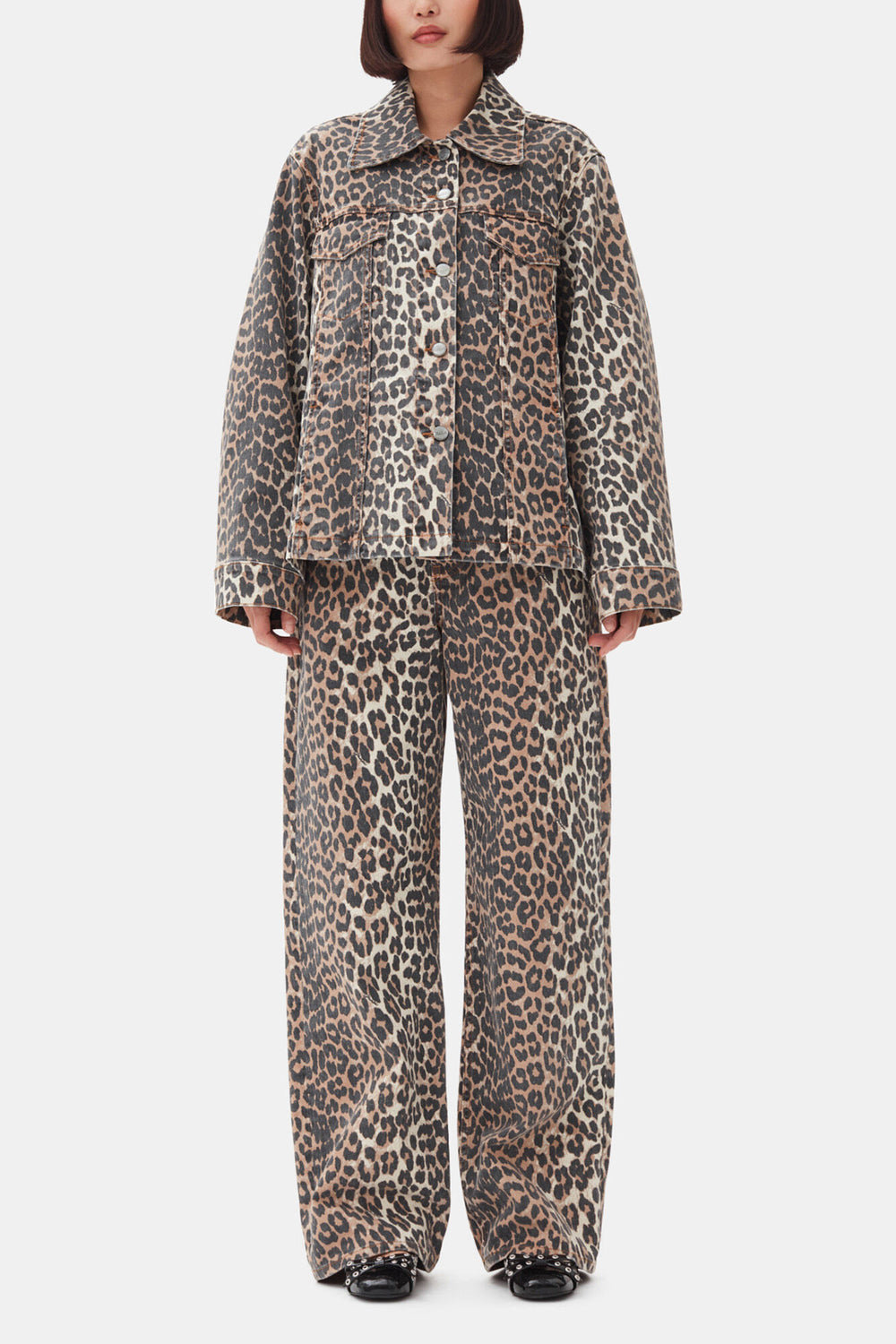 GANNI Outlet Leopard Denim Jacket