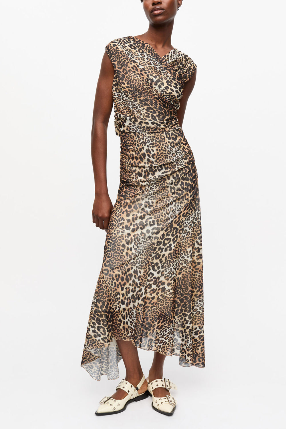 GANNI Hot Sale Leopard Marl Mesh Long Ruched Crossover Dress