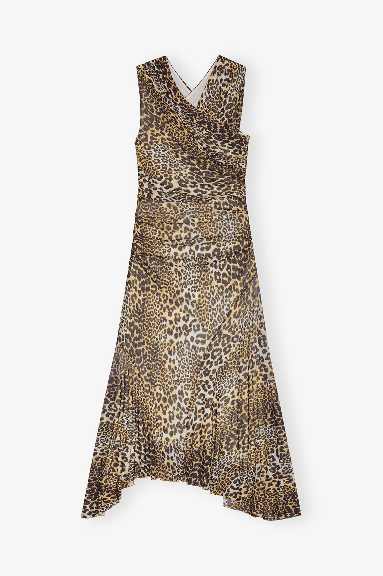 GANNI Hot Sale Leopard Marl Mesh Long Ruched Crossover Dress
