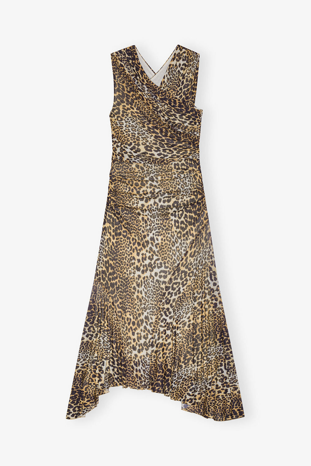 GANNI Hot Sale Leopard Marl Mesh Long Ruched Crossover Dress