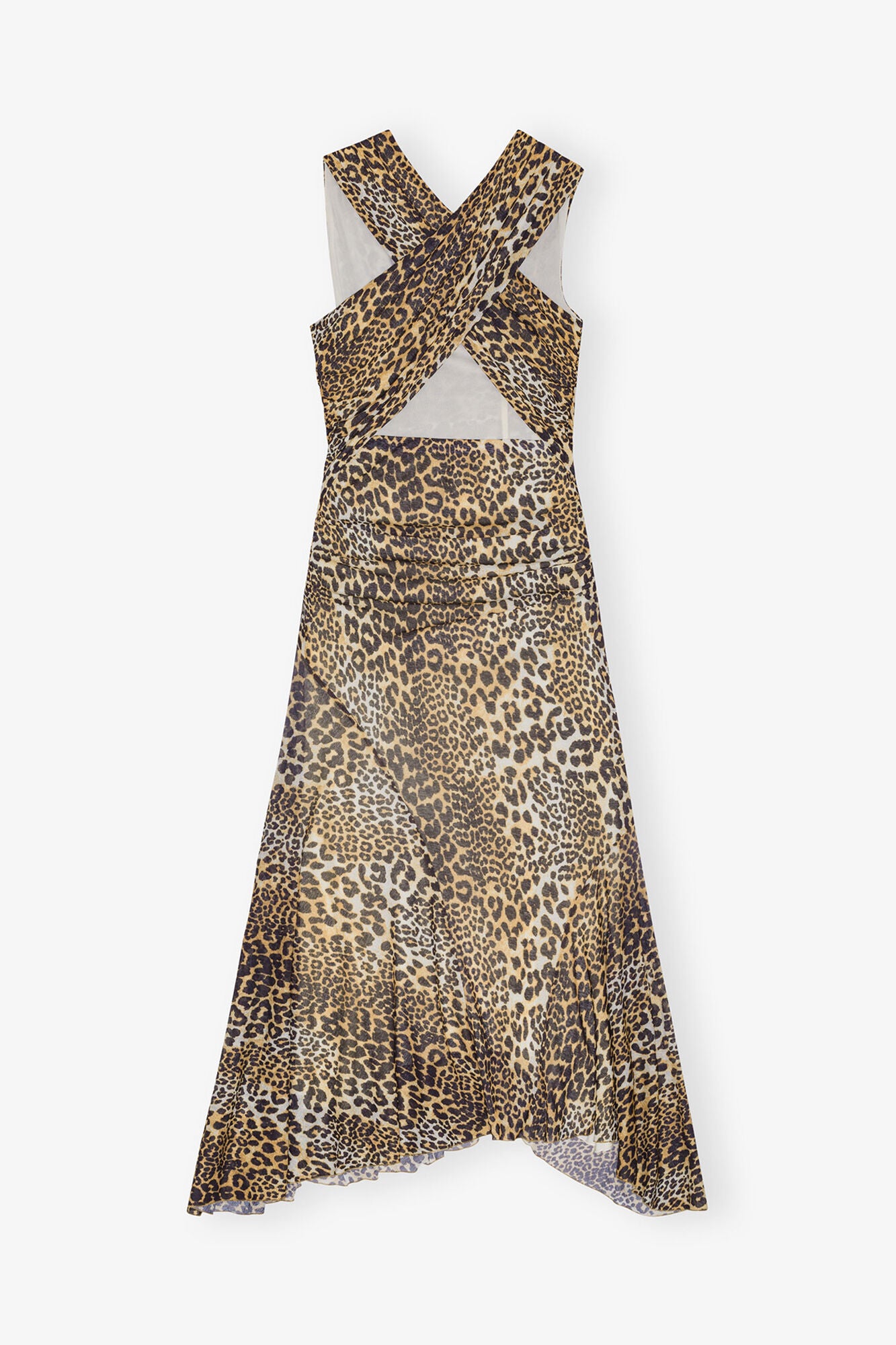 GANNI Hot Sale Leopard Marl Mesh Long Ruched Crossover Dress
