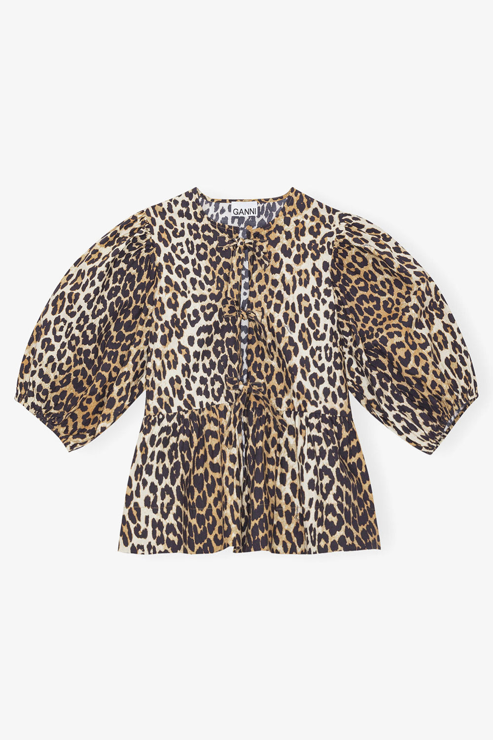 GANNI Discount Leopard Cotton Poplin Peplum Tie Blouse