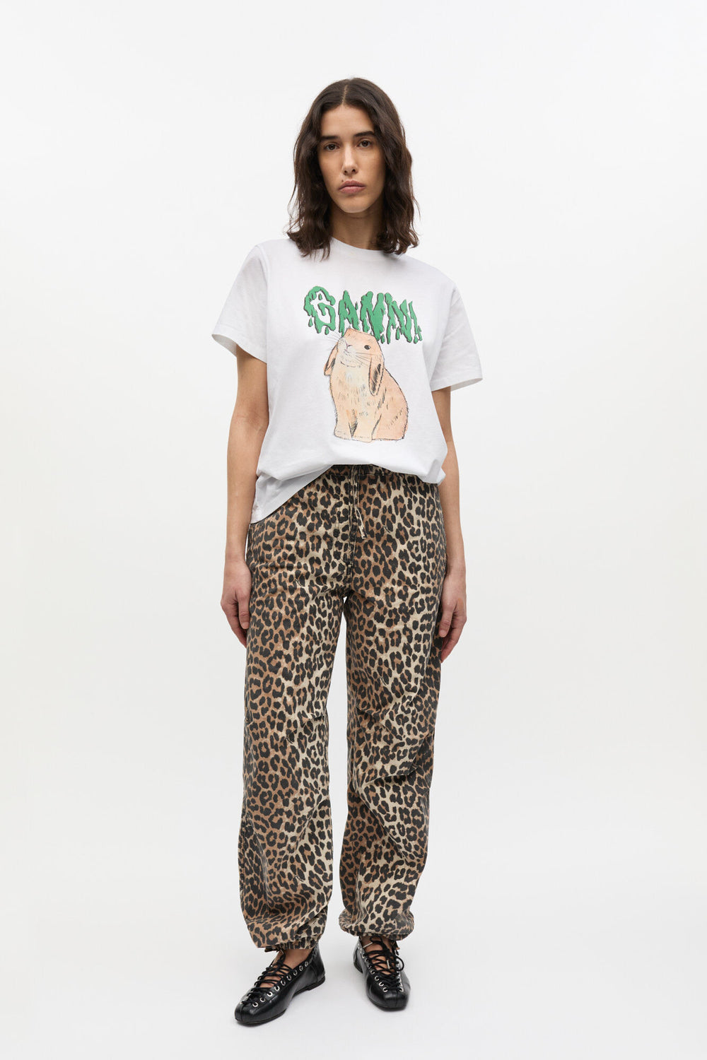 GANNI Discount Leopard Washed Cotton Canvas Drawstring Pants