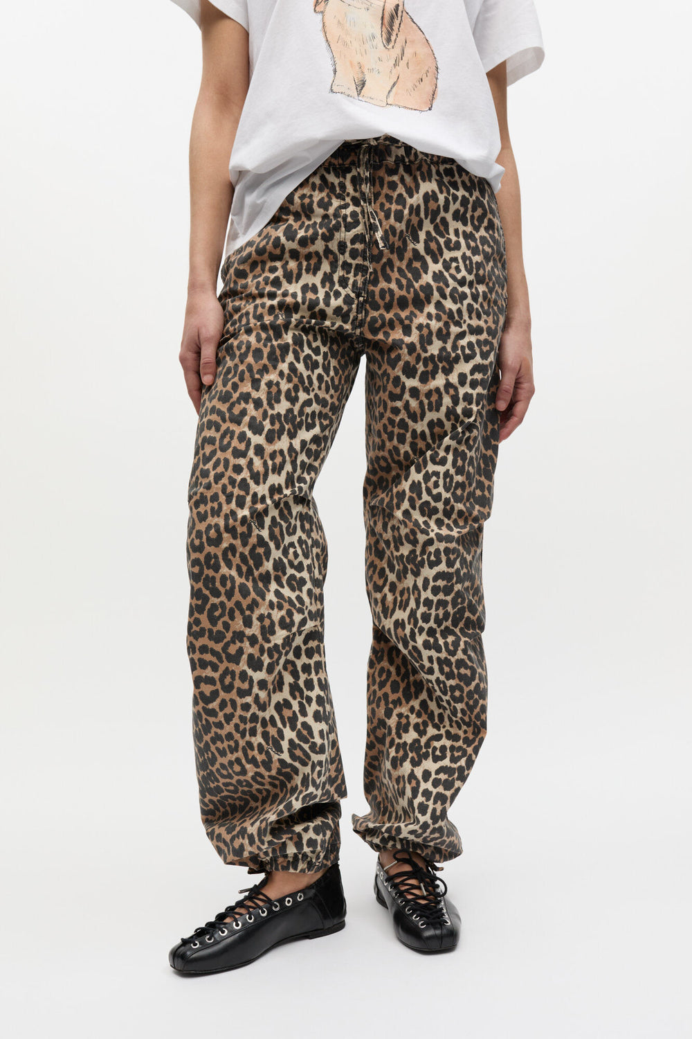 GANNI Discount Leopard Washed Cotton Canvas Drawstring Pants