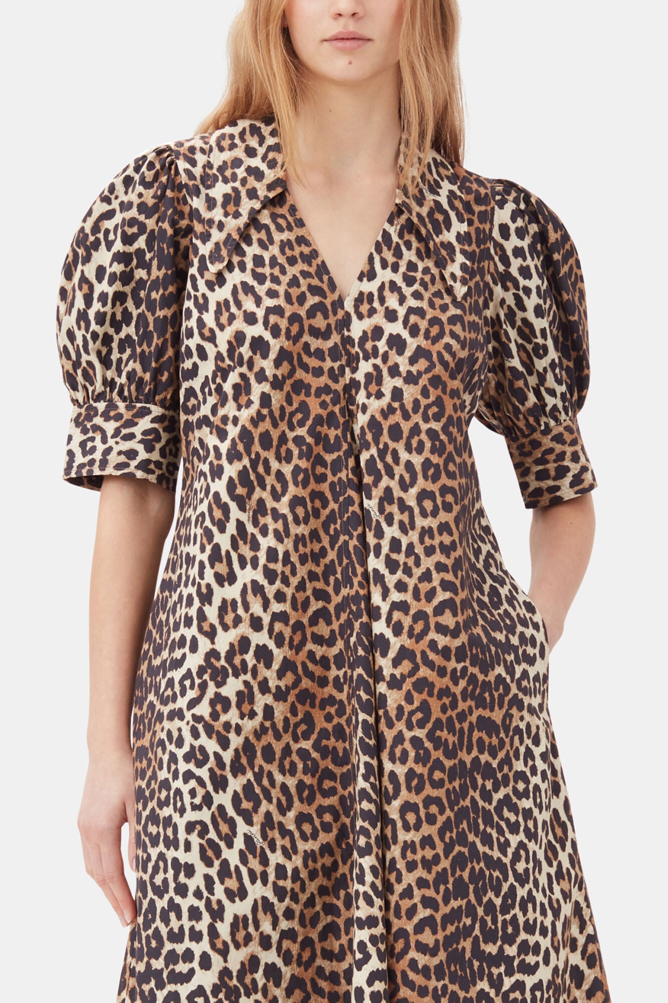 GANNI Hot Sale Leopard Cotton Poplin V-neck Maxi Dress