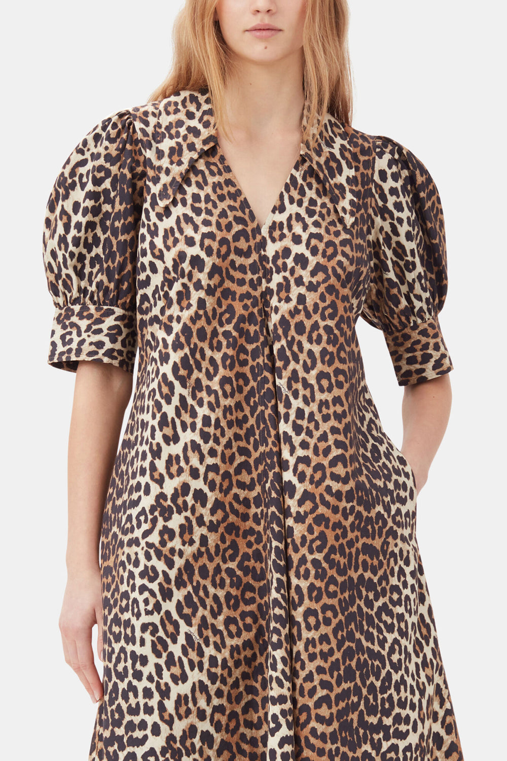 GANNI Hot Sale Leopard Cotton Poplin V-neck Maxi Dress