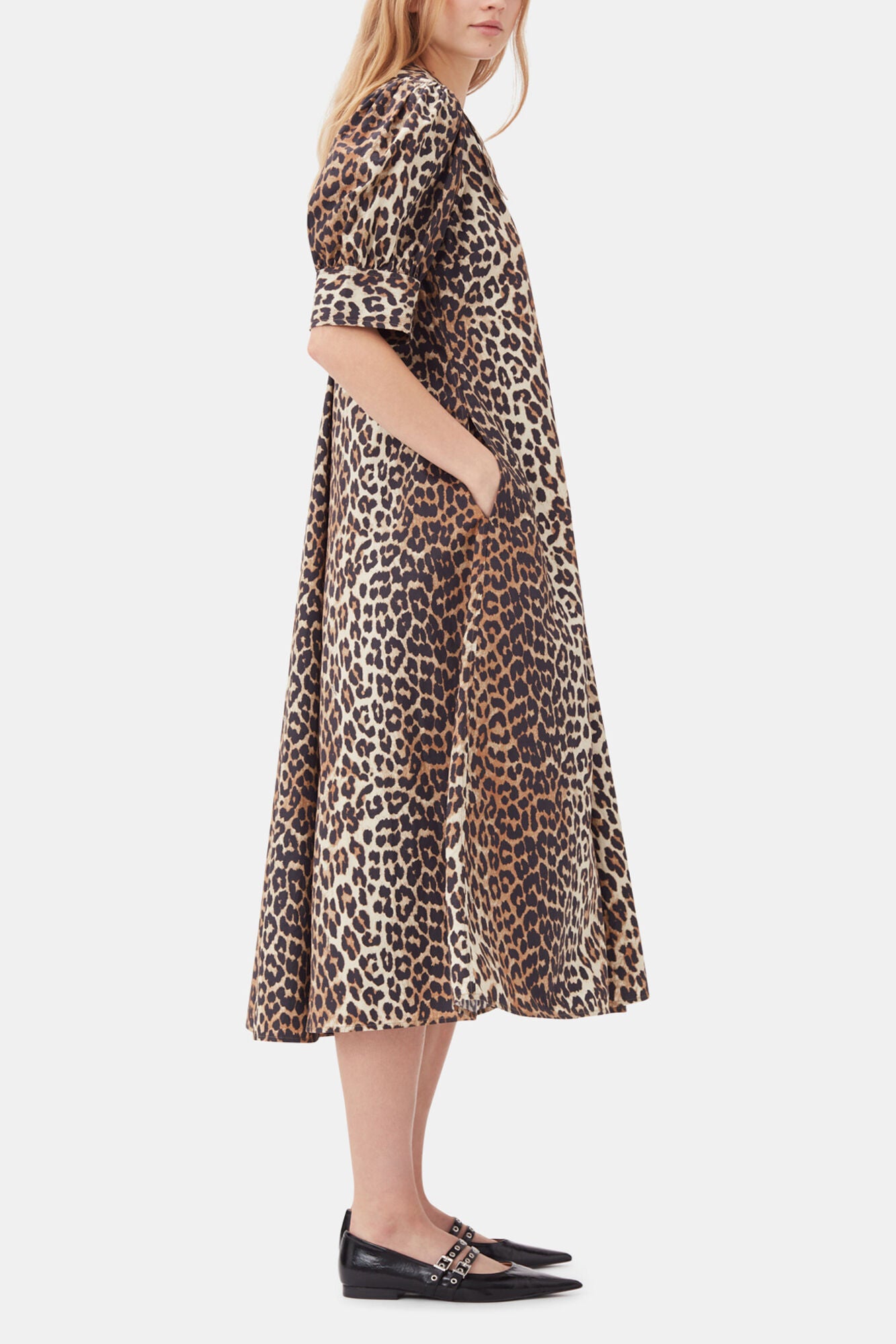GANNI Hot Sale Leopard Cotton Poplin V-neck Maxi Dress