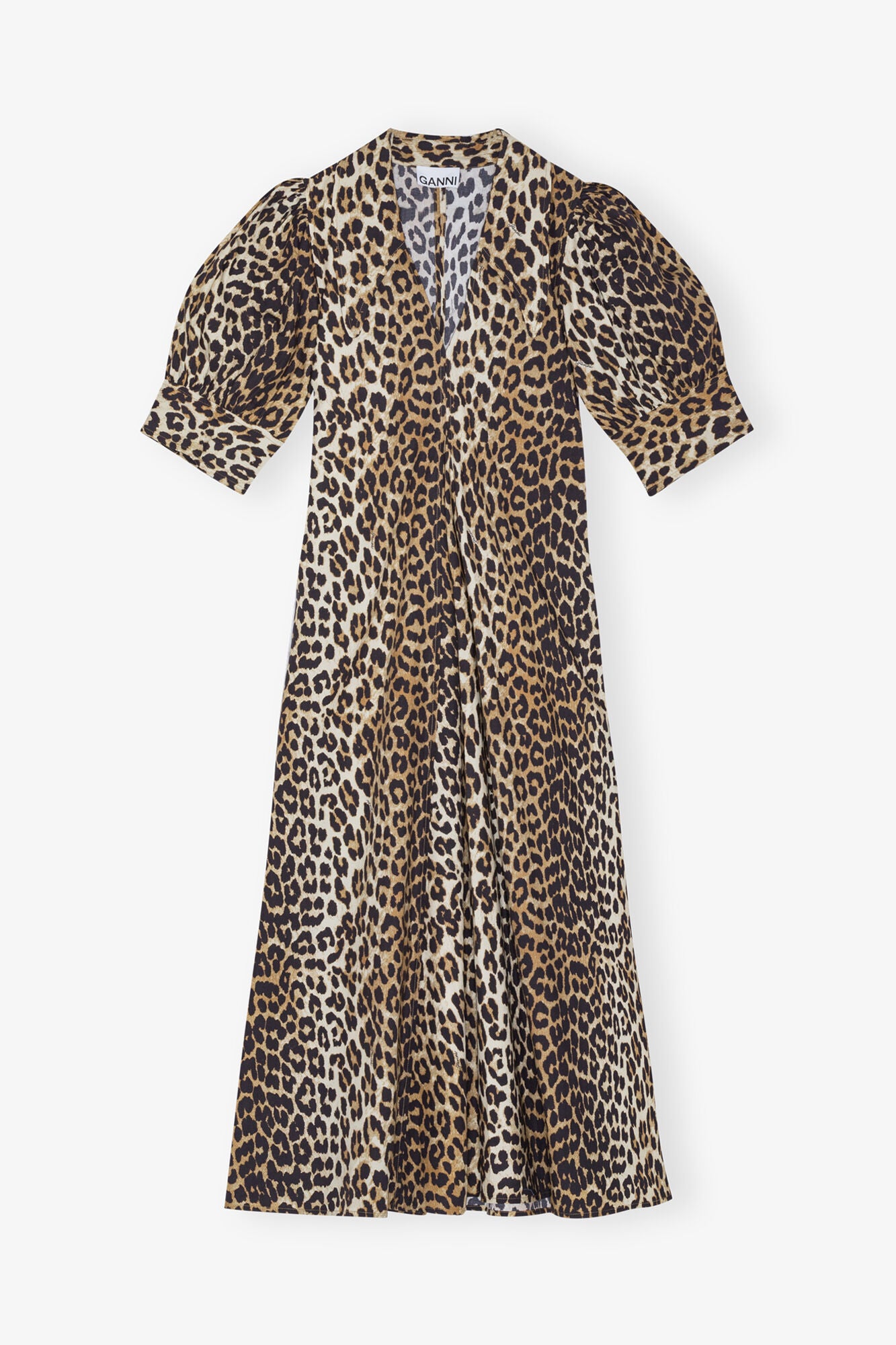 GANNI Hot Sale Leopard Cotton Poplin V-neck Maxi Dress