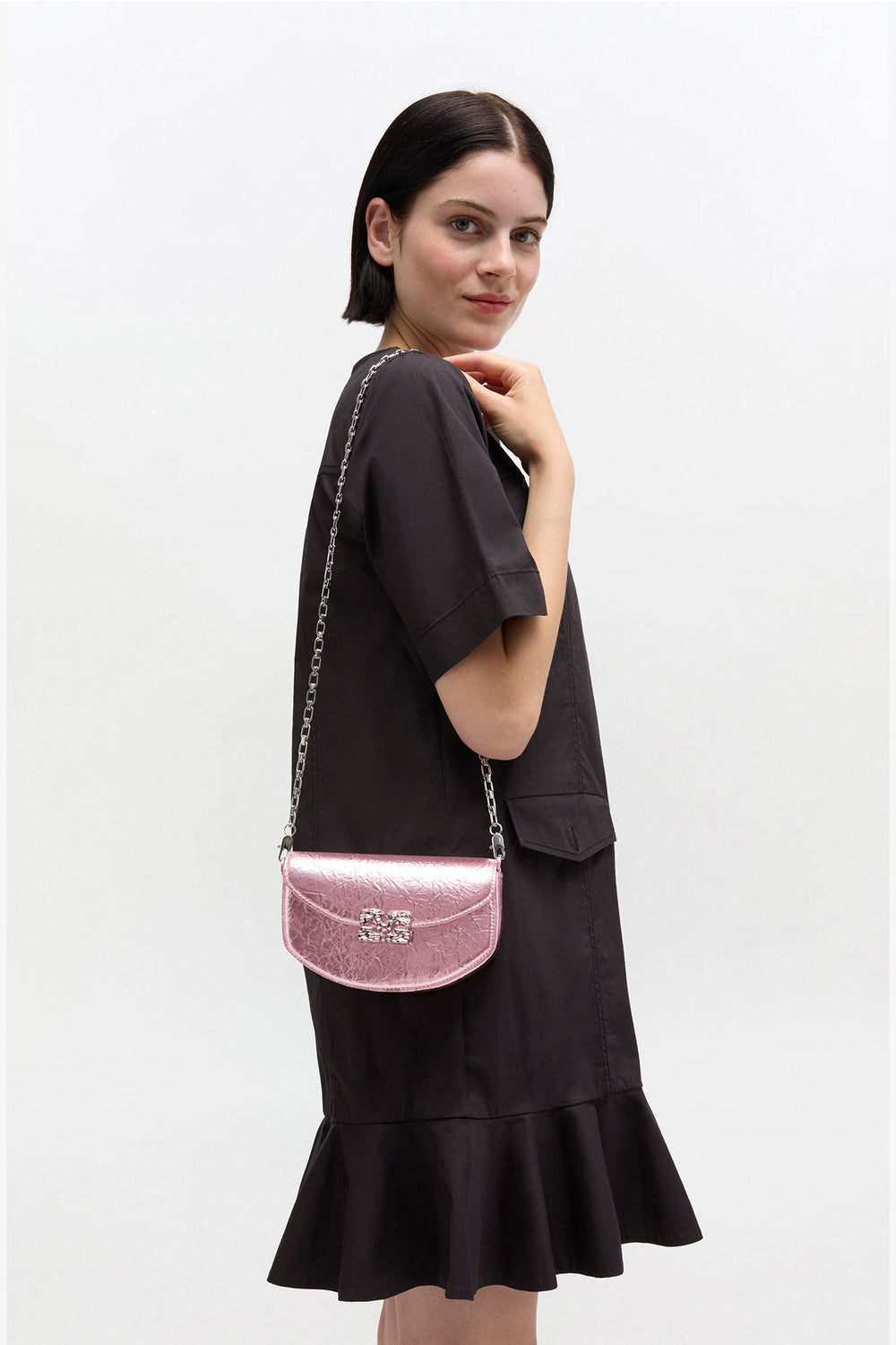 GANNI New Silver Pink Lulu Wallet On Chain in Metallic
