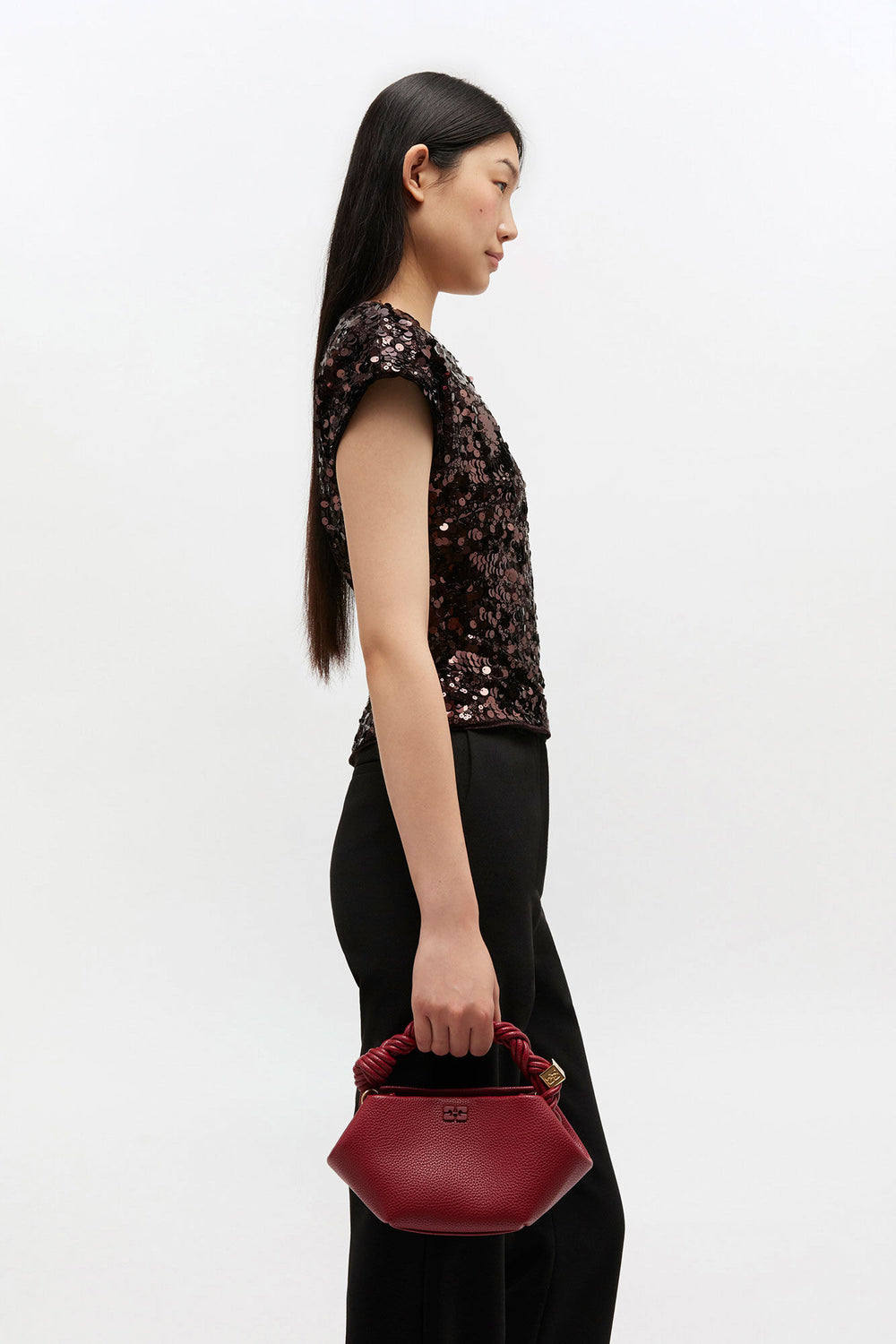 GANNI us Red Dahlia Burgundy Grained Mini Bou Bag