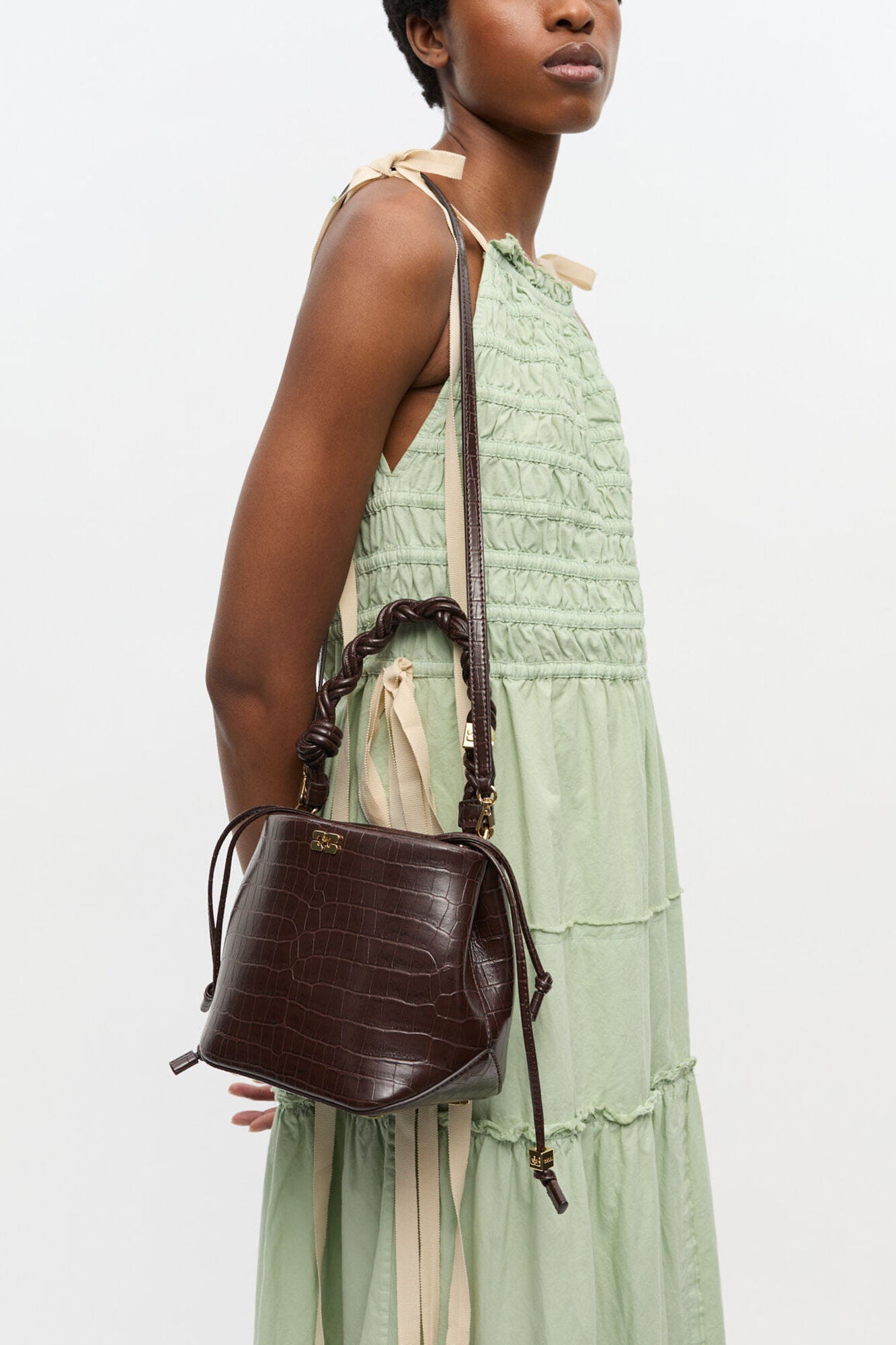 GANNI New Chocolate Fondant Brown Croco Bou Bucket Bag