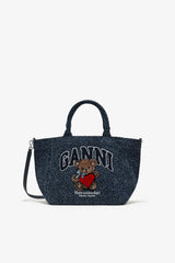 GANNI Outlet Rinse Tweed Denim Small Bear Tote