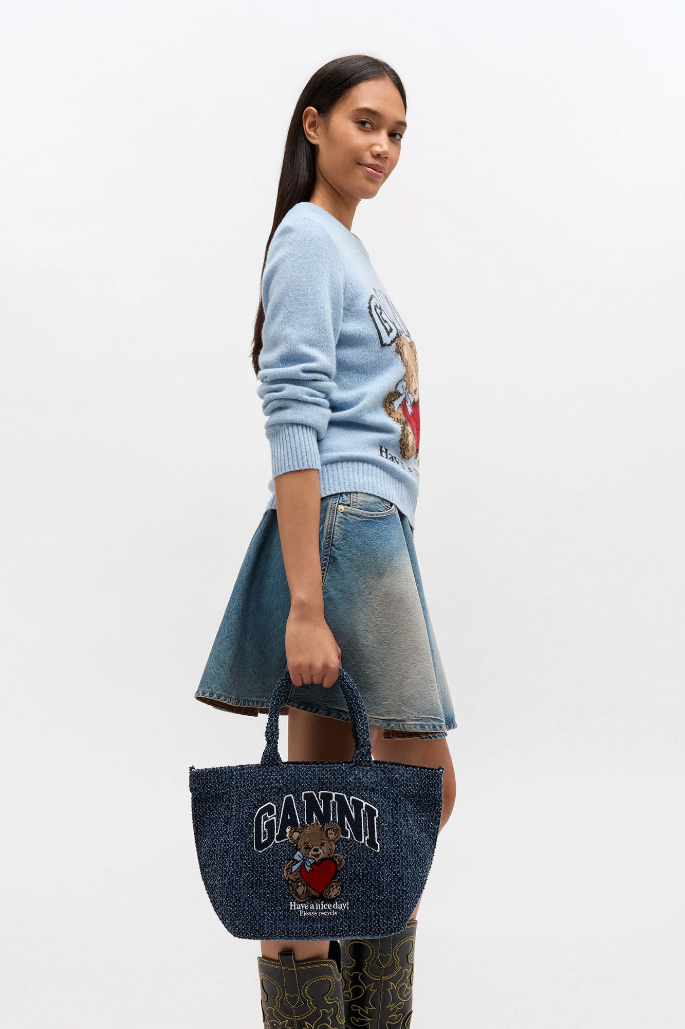 GANNI Outlet Rinse Tweed Denim Small Bear Tote